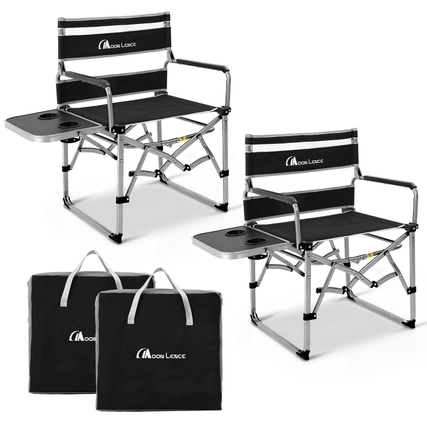 MOON LENCE Directors Camping Chair, Heavy Duty,Oversized Portable Folding Chair with Side Table for Beach, Fishing,Picnic,Lawn,Outdoor Event (Black, 2PCS)