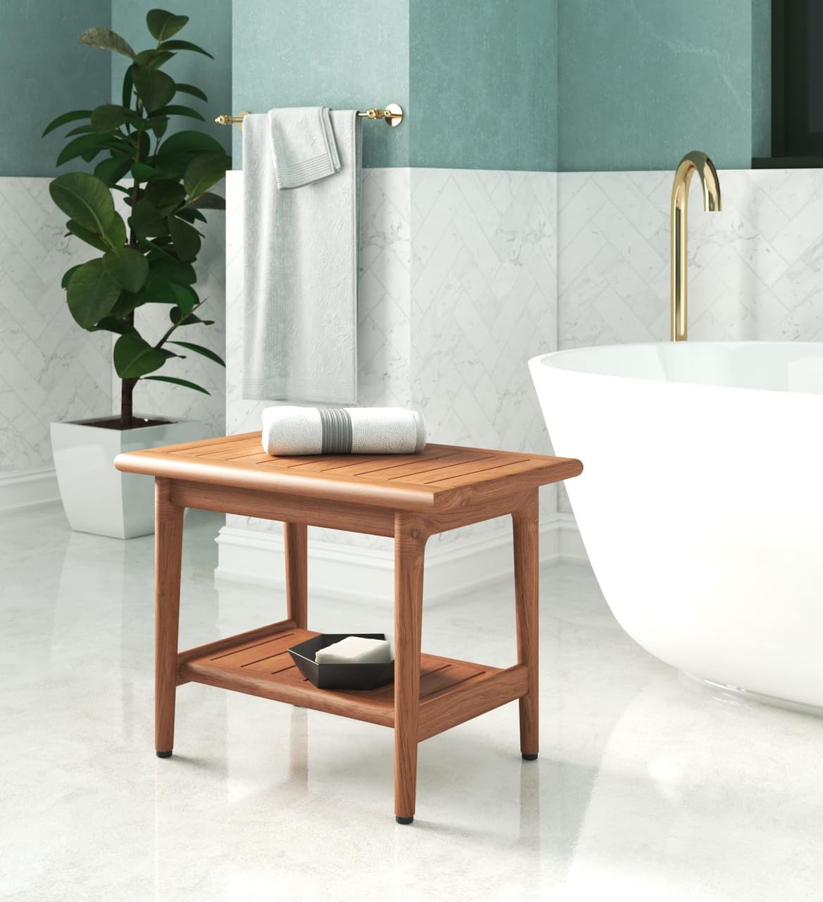 24" Maluku-Bjon Slatted Teak Shower Bench with Shelf