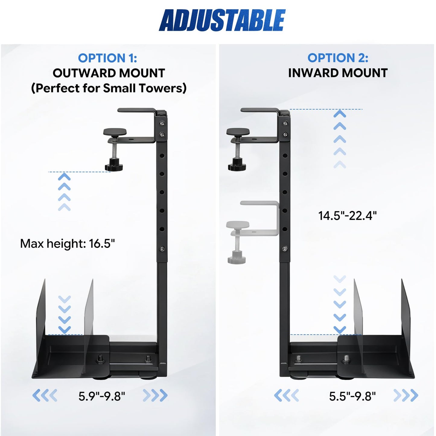 TooCust Adjustable Under Desk PC Mount, Heavy Duty No Drilling Clamp Mount on Desk (5.5 to 9.8 Inch Wide) - Thickened & Ultra Strong Fits Large PC Tower, Standing Desk PC Mount, Black