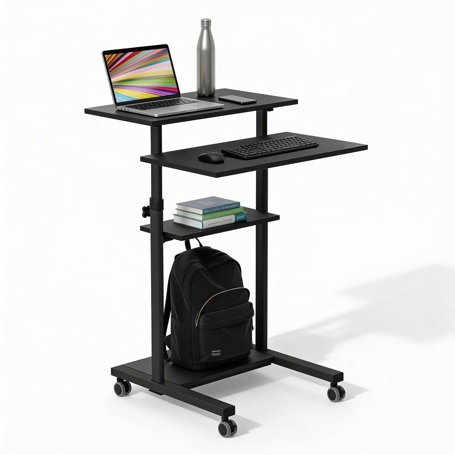 Mount-It! Black Rolling Standing Desk, Adjustable Height up to 54.7", Portable Laptop Podium Desk on Wheels, Mobile Computer Workstation with 4 Shelves 27.5" Wide, Cart for Home Office or Classroom