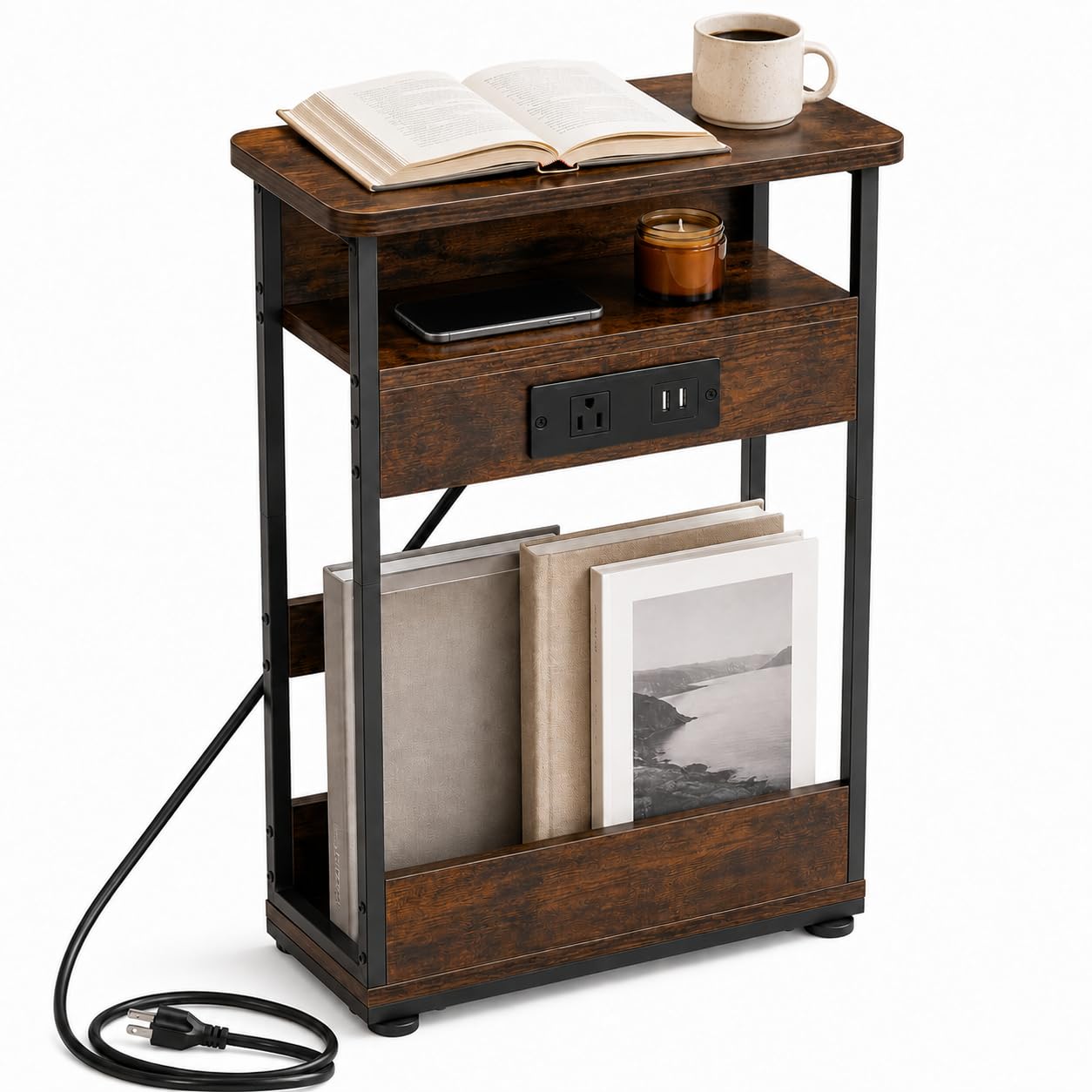 Narrow Side Table With Charging Station, 3-Tier End Table with 2 USB Ports & Power Outlets,Thin Sofa Side Table for Narrow and Small Spaces, Bedside Table Nightstand for Living Room,Rustic Brown