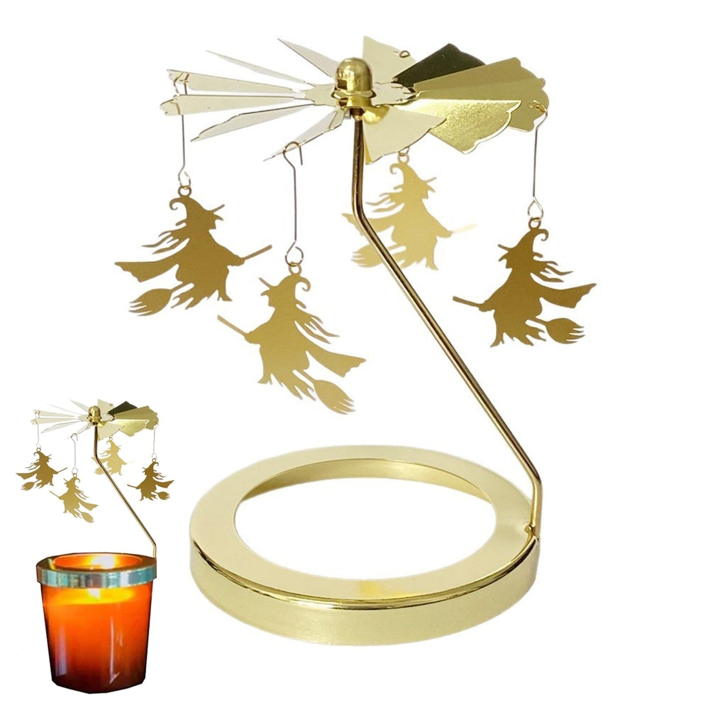 Flying Witch Candle Carousel Topper, Halloween Witch Decor Rotating Candle Holder Topper Candlestick Tealight Rotating Shadow Holders for Home, Centerpiece, Candlestick Tealight Decor (Gold_5.5cm)