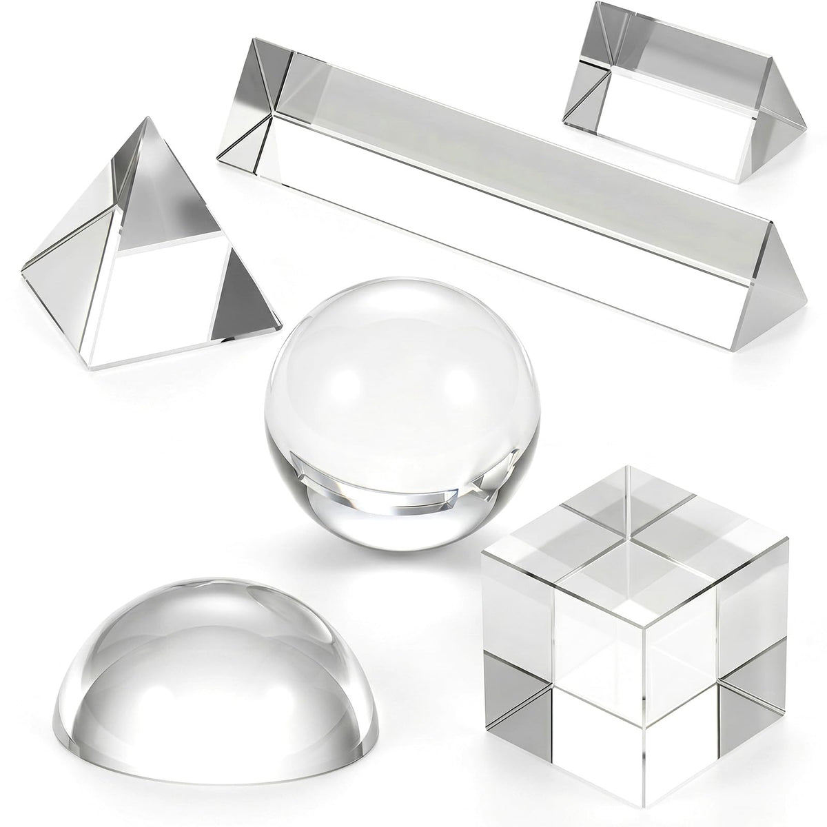 6 Pack K9 Optical Crystal Photography Prism Set Include 50mm and 150mm Clear Triangular Prism 50mm Lens Ball, Cube,Optical Pyramid and 60mm Dome Magnifying for Photography Effects Physics Optics