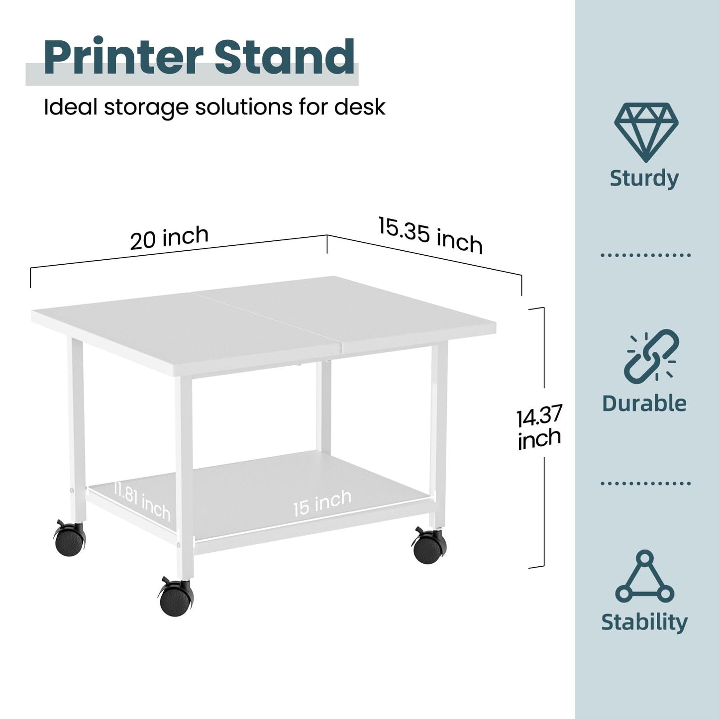 SwaaVee Printer Stand, 2-Tier Under Desk Printer Stand, Printer Cart with Wheels for Home, Office, Heavy-Duty Storage Shelf, White