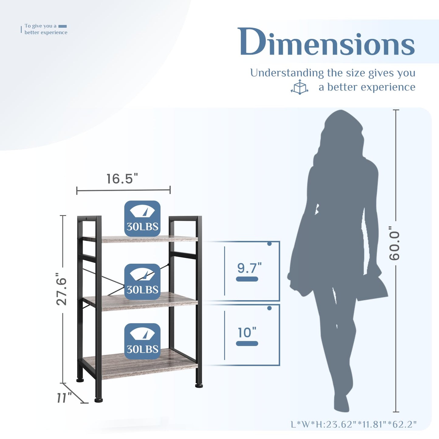 DUMOS 3 Tiers Open Bookshelf, Classic Freestanding Tall Display Shelf, Multifunctional Storage Organizer Rack for Living Room Home Office, Sturdy Bookcase for CDs/Books/Movies, Wood Grey