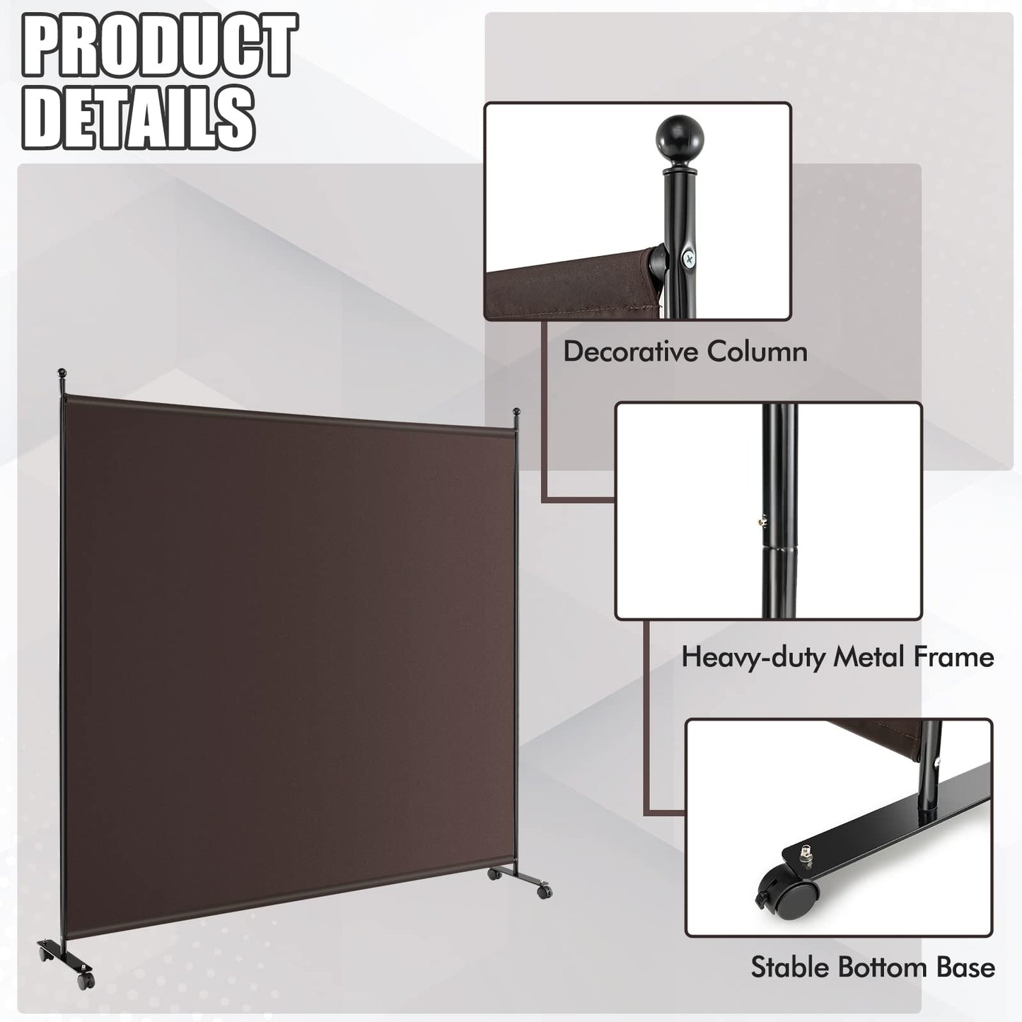 GOFLAME 6FT Single Panel Room Divider, Wide Rolling Privacy Screen with Lockable Wheels, Portable Room Partition Screen, Freestanding Wall Divider and Separator for Home Office, Brown