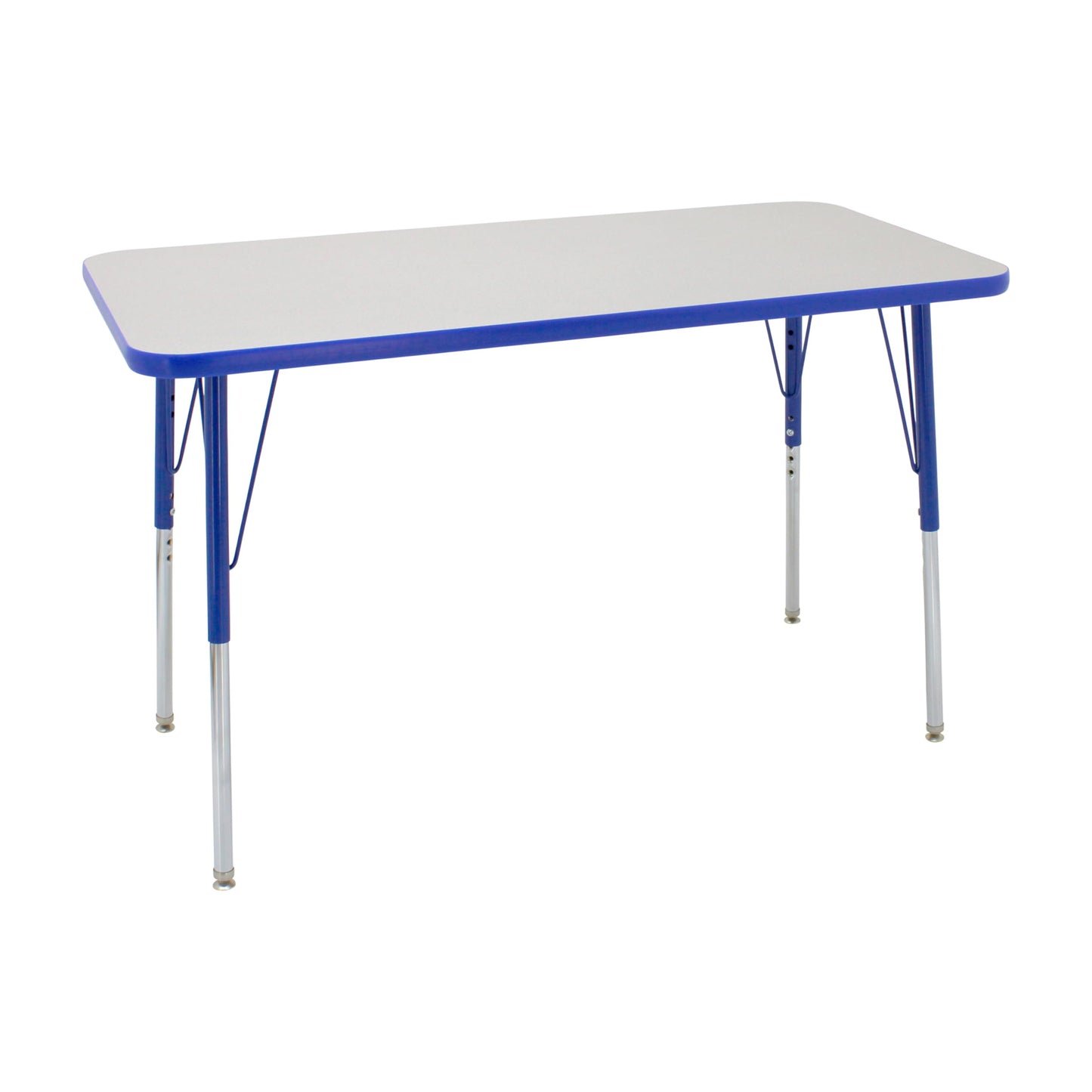 FDP Rectangle Activity School and Office Table (24 x 48 inch), Standard Legs with Swivel Glides, Adjustable Height 19-30 inches; Quick Ship Single Box - Gray Top and Blue Edge