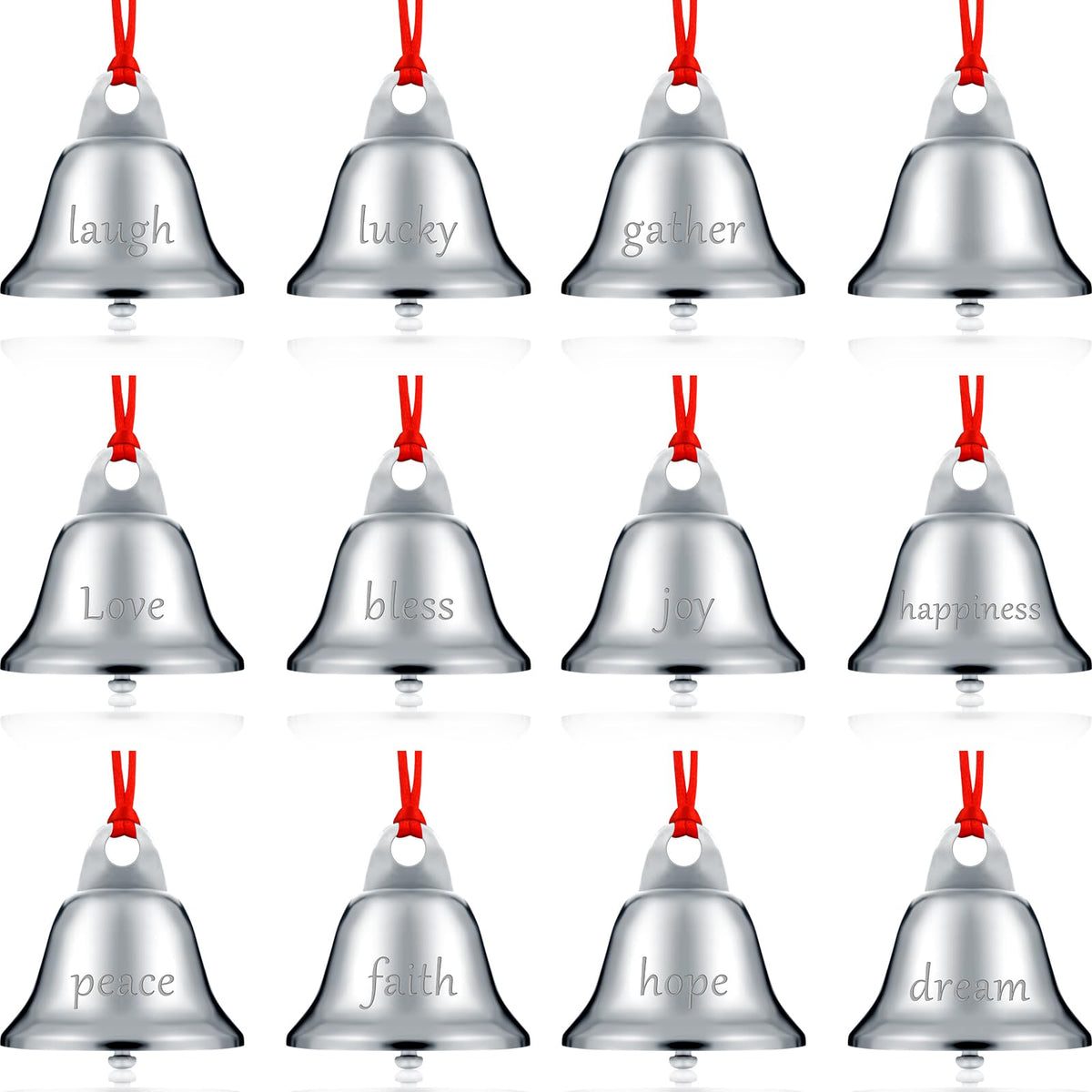 Sratte 24 Pack 1.5 Inch Christmas Bells Ornament Xmas Believe Jingle Decoration Silver Santa Sleigh Bell Christmas Printed Bell with Red Ribbon for Xmas Tree Home Decoration(Trumpet)