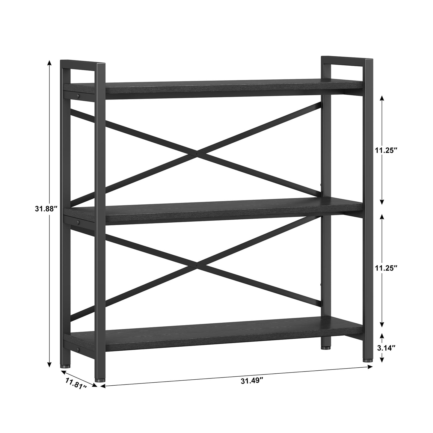 Homeiju 3 Tier Bookshelf 31.49" Width, Wood and Metal Etagere Bookcase, Vintage Farmhouse Modern Wooden Big Book Shelf for Home Living Room Bedroom Office Storage(Black)