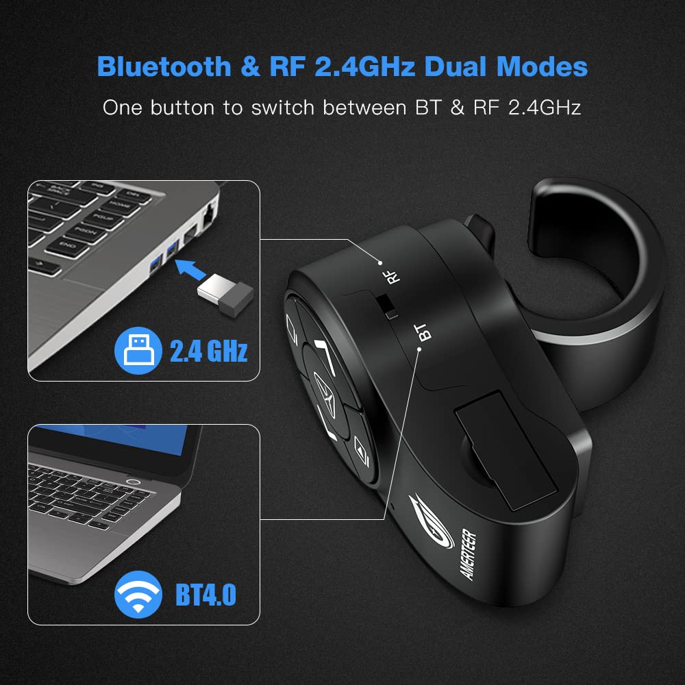AMERTEER Bluetooth Wireless Presentation clicker for PowerPoint presentations, RF 2.4GHz Finger Ring Remote, PPT Slides Rechargeable