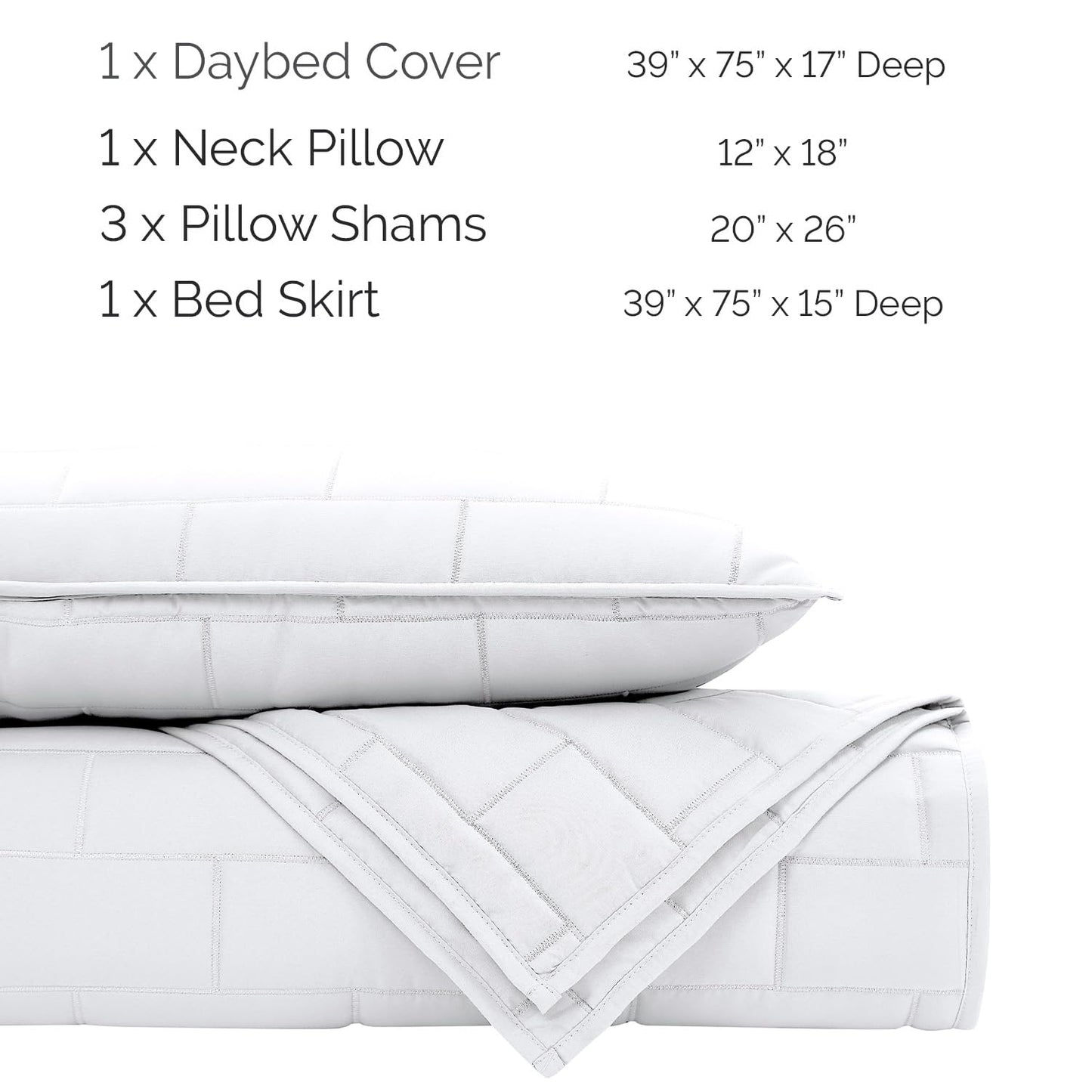 Southshore Fine Living, Inc. Daybed Covers for Twin Bed, 6-Piece Twin Bedding with Daybed Cover Set, 3 Pillow Shams, Bedskirt, Throw Pillow - Day Bed Quilt Sets, Day Bed Covers, Brickyard White