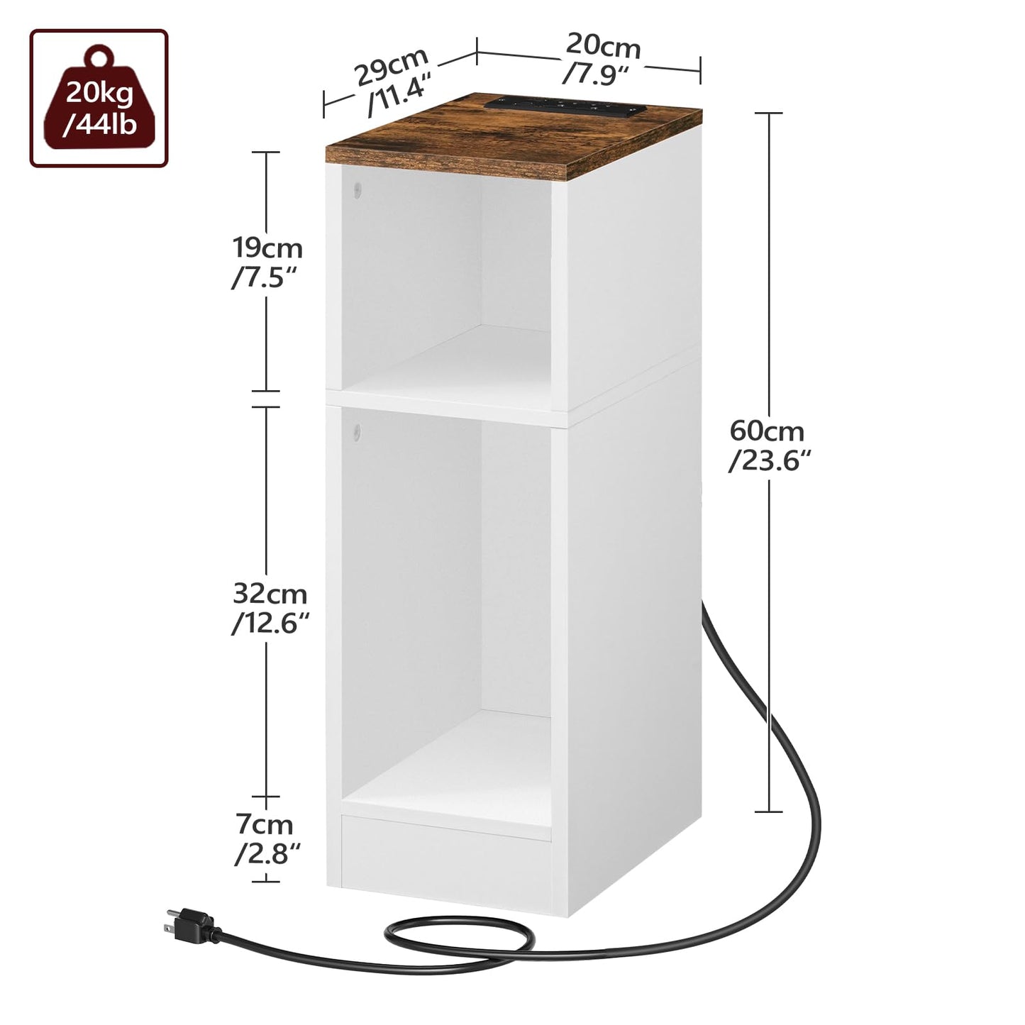MAHANCRIS Narrow Nightstand, Narrow End Table with Charging Station, Skinny Bedside Table for Small Spaces, Mid Century Modern Night Stand for Bedroom, Living Roon, Rustic Brown and White ETBR30E01