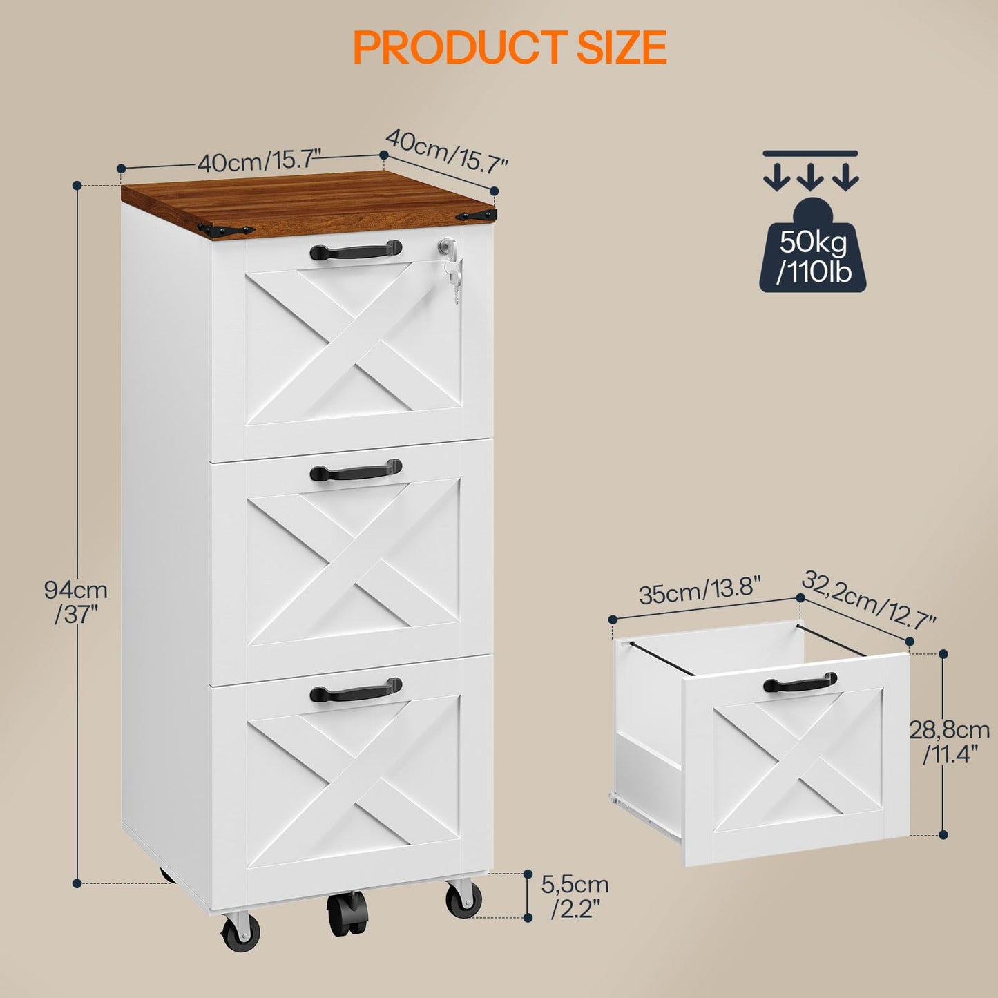 HOOBRO 3 Drawer File Cabinet with Lock, Mobile Filing Cabinet for Home Office, Wooden Farmhouse Office Storage Cabinet, Printer Stand Fits Letter and A4 Size, Walnut and White WH93WJ01G1