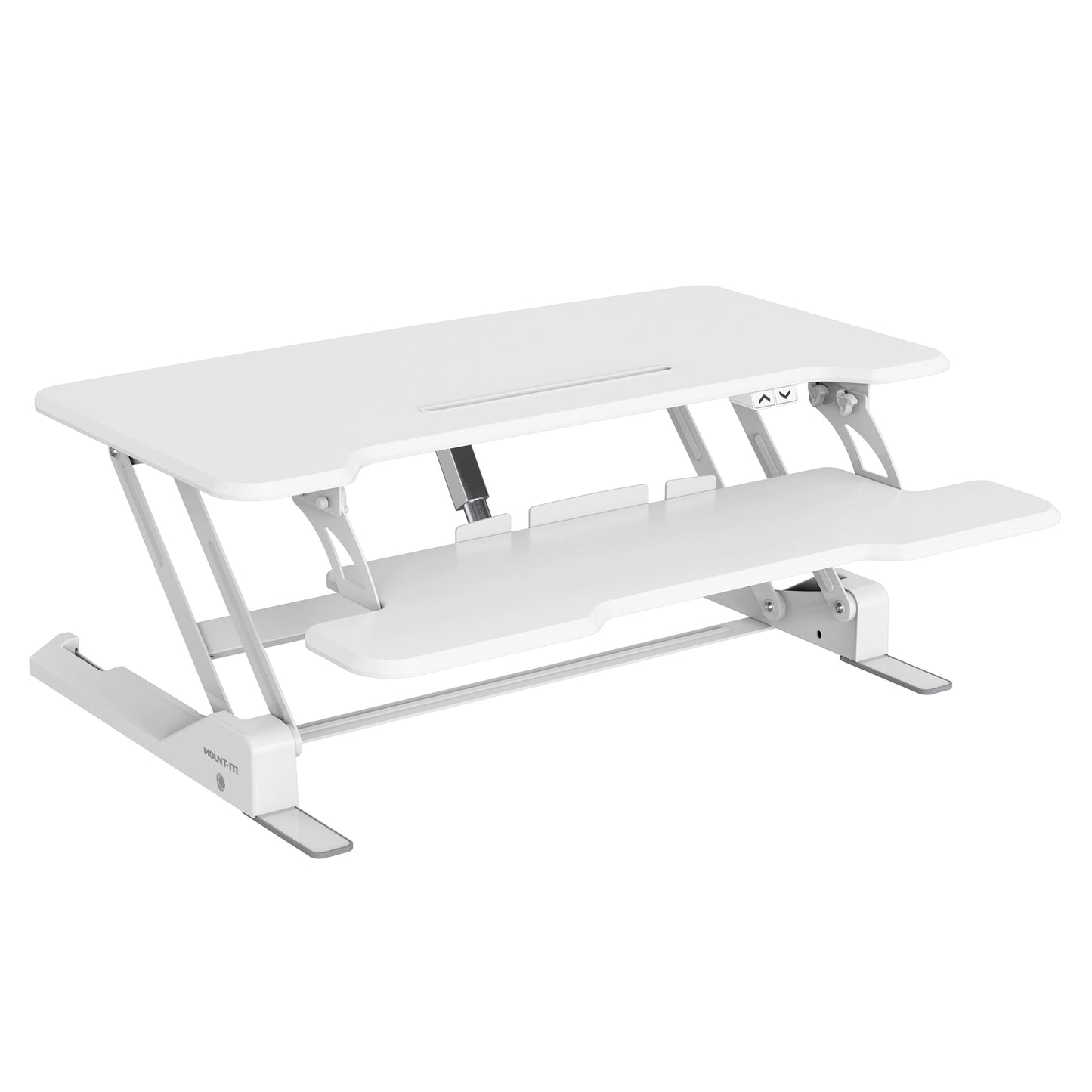 Mount-It! Electric Standing Desk Converter White 38 Inch Wide Tabletop, Stand up Desk Riser, Height Adjustable Sit Stand Desk, Fits Dual Monitors, Keyboard Tray, Device Slot, Monitor & Laptop