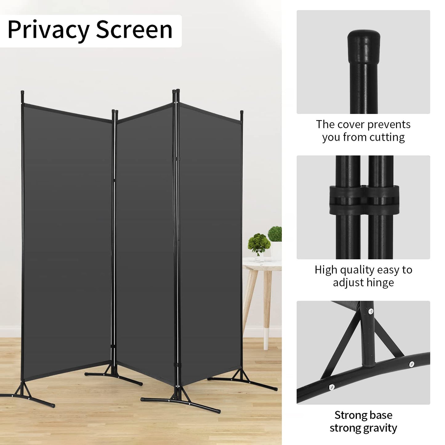 PayLessHere 3 Panel Room Divider Folding Privacy Screen 5.9FT Partition Room Separators with Metal Frame Portable Freestanding Room Divider for Bedroom,Office,Dining Room,Living Room,Grey