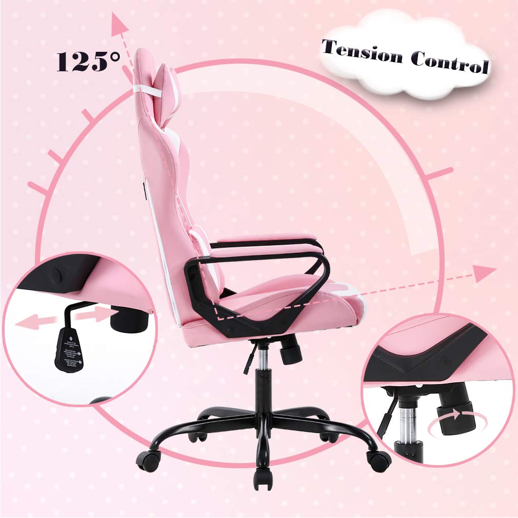 Ergonomic High-Back PU Leather Executive Office Gaming Chair with Massage Function, Adjustable Reclining Design, Lumbar Support, Headrest Pillow, Armrests Modern Racing Style Desk Chair (Pink)