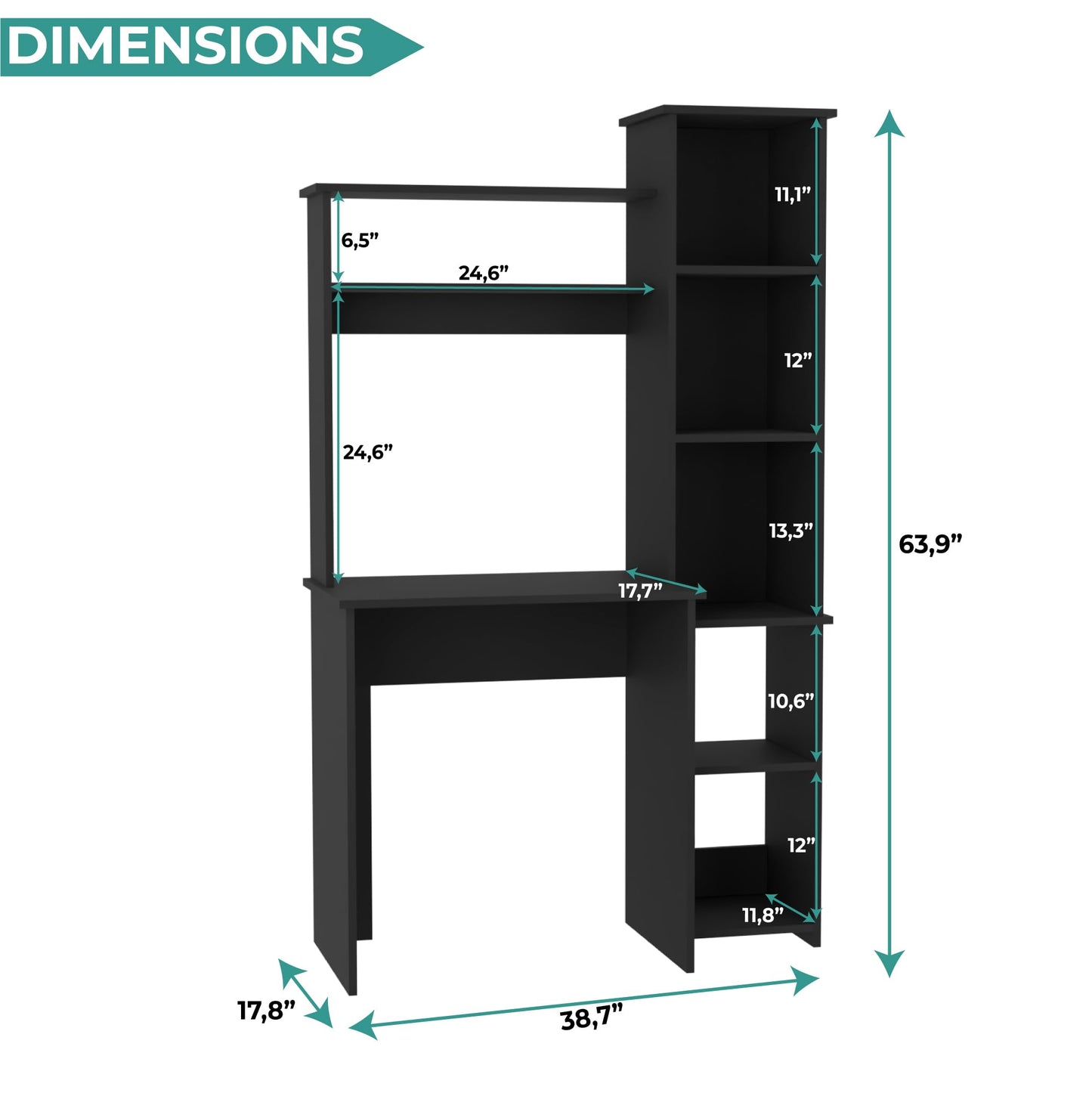 Tuhome Versalles Writing Desk with Two Superior Shelves, Five Side Open Storage Compartments, Space-Saving Modern Workstation Design for Studios and Offices, Ideal for Organization, Books