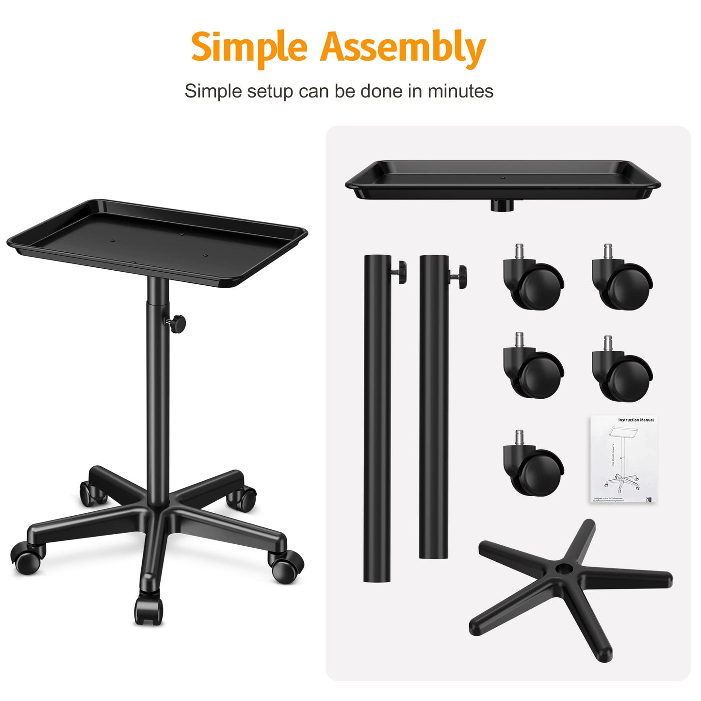 DEER BEAUTY Salon Tray on Wheels - Premium Aluminum Tattoo Tray Rolling Trolley - Adjustable Salon Service Rolling Tray Hairdresser Cart with Clinic Spa Rolling Tray Wheels (Black)
