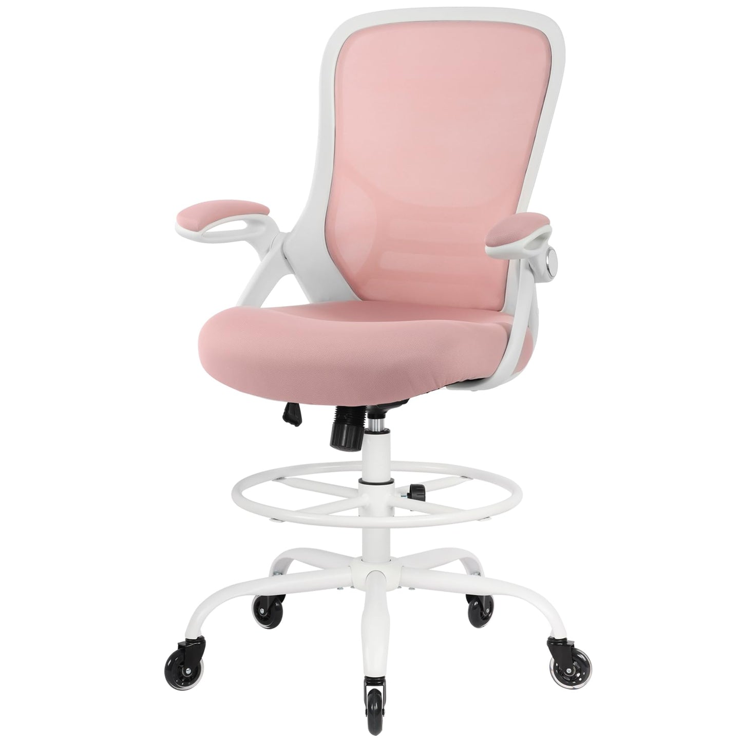 HYLONE Drafting Chair Tall Office, Ergonomic Standing Desk Stool Adjustable Big and Tall Drafting Office Chair with Flip-Up Armrests, Mesh, Pink