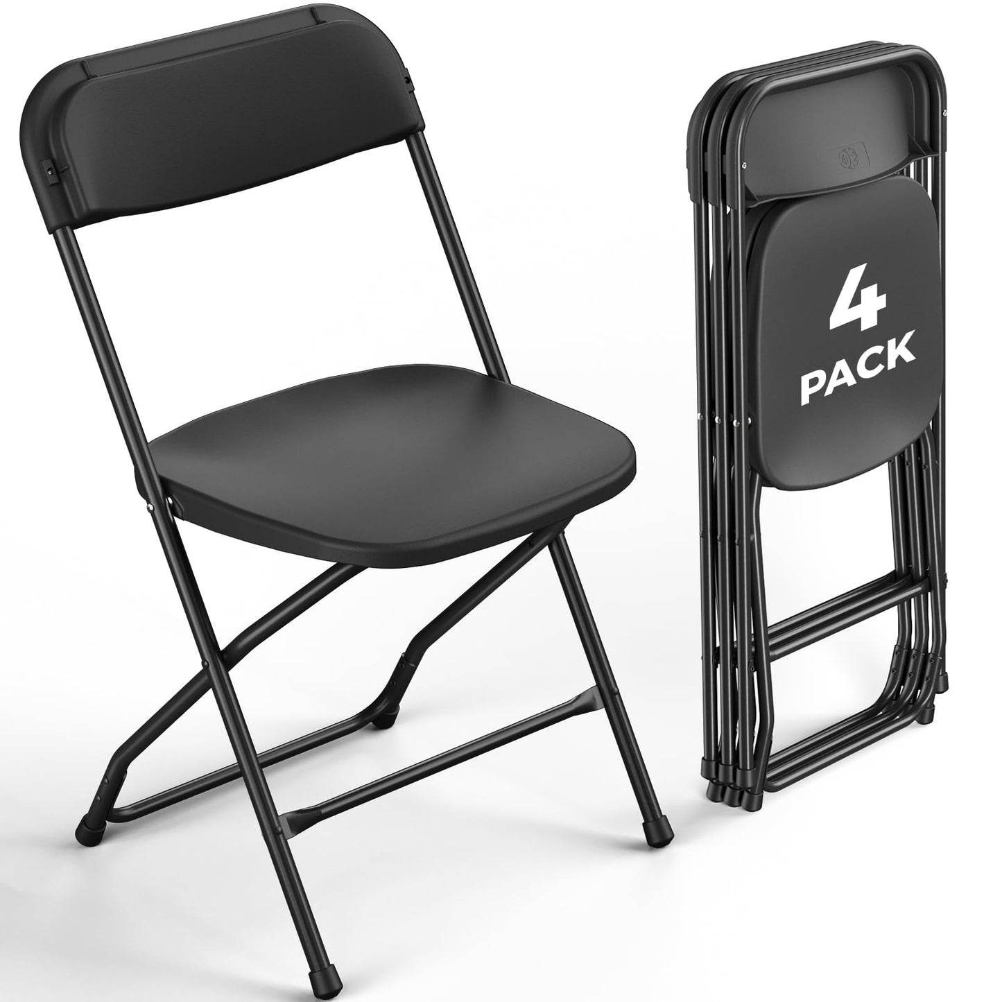 FurniEdge 4 Pack Black Plastic Folding Chairs, Outdoor Portable Folding Chair with Steel Frame, 350lbs Capacity Stackable Foldable Chairs for Patio, Garden, Picnic, Kitchen, Events
