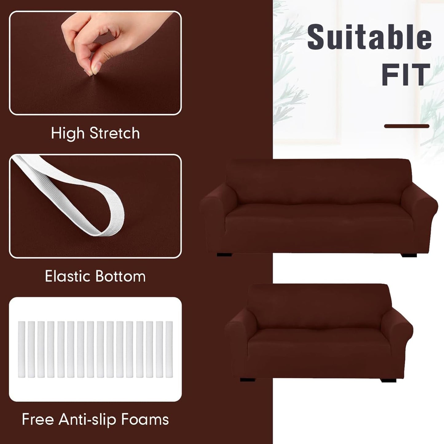 Peryiter 2 Pcs Sofa Covers Couch and Loveseat Covers Set Stretch Sofa Slipcover for Living Room Armchair Furniture Protector, Wrinkle Proof(Brown,Milk Silk)