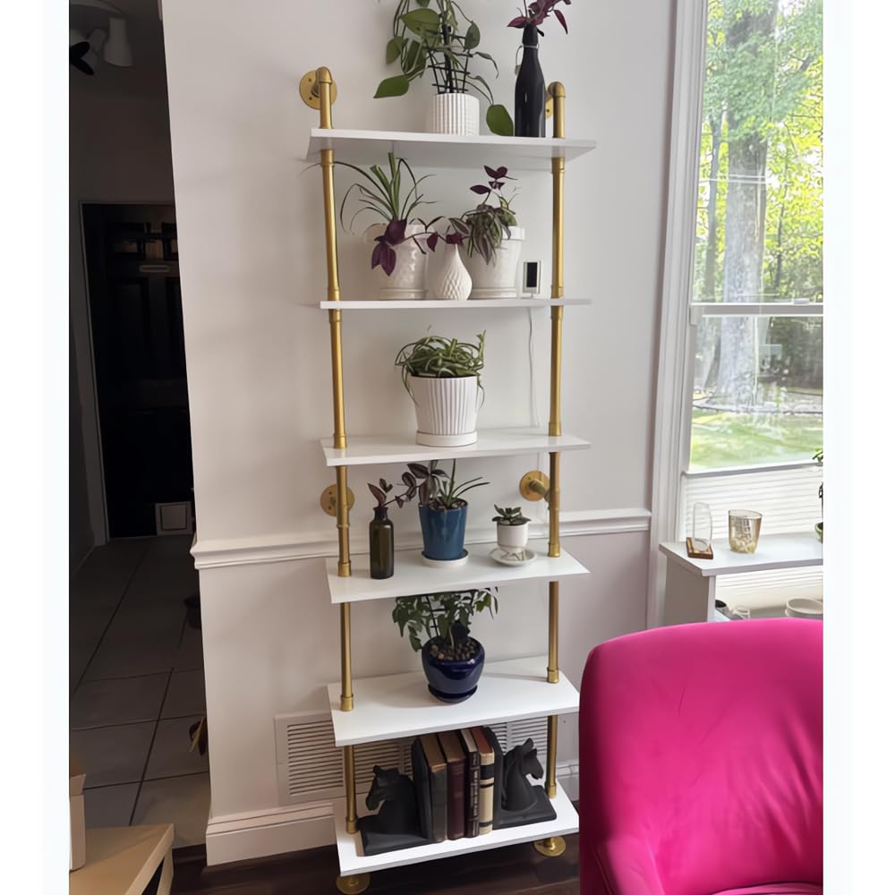 HEONITURE Industrial Gold Bookshelf-6 Tier Wall Mounted Ladder Bookshelf, Rustic Gold Storage Book Shelves Display Bookcases for Living Room/Home/Office
