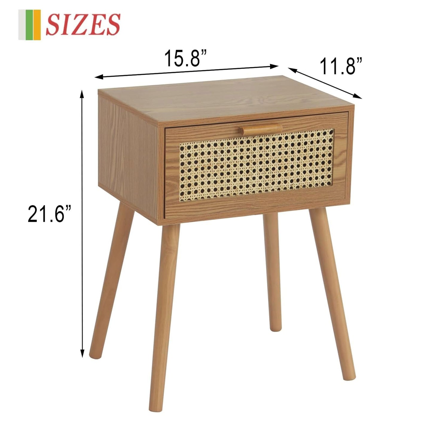 AWASEN Mid Century Nightstand, Rattan Side Table with Drawer, Modern Bedside Table with Storage and Solid Wood Legs for Living Room, Bedroom and Small Space (Brown)