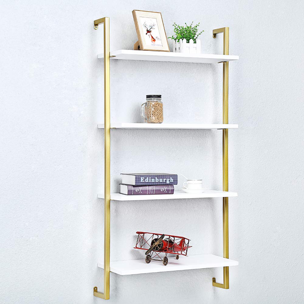 OLDRAINBOW Industrial Metal Wall Shelf,Floating Wood Shelves Wall Mounted,24in Iron Real Wood Book Shelves,4 Tier Bookshelf Shelving