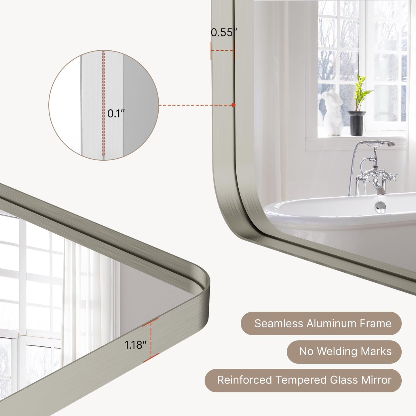 Kosmonia 20"x16" Bathroom Mirror, Brushed Nickel Rounded Rectangle Vanity Mirror, Anti-Rust Aluminum Framed, Wall Mounted Mirror for Over Sink, Hangs Horizontally or Vertically