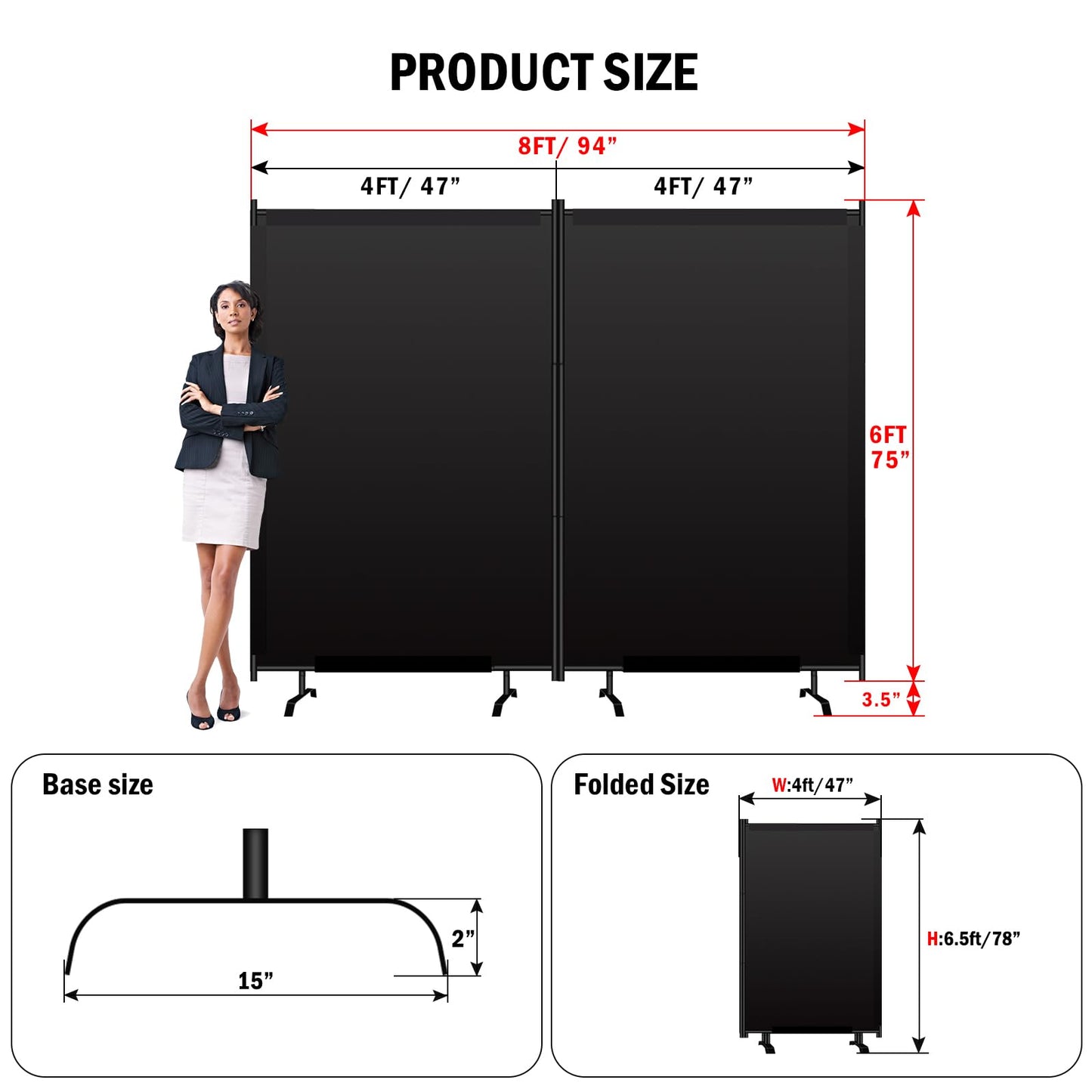Room Divider Panel, Siebwin 2 Panel Folding Privacy Screens with Wider Feet, 8 Ft Portable Room Partition for Room Separator, Room Divider Screen Partition Room Dividers Freestanding
