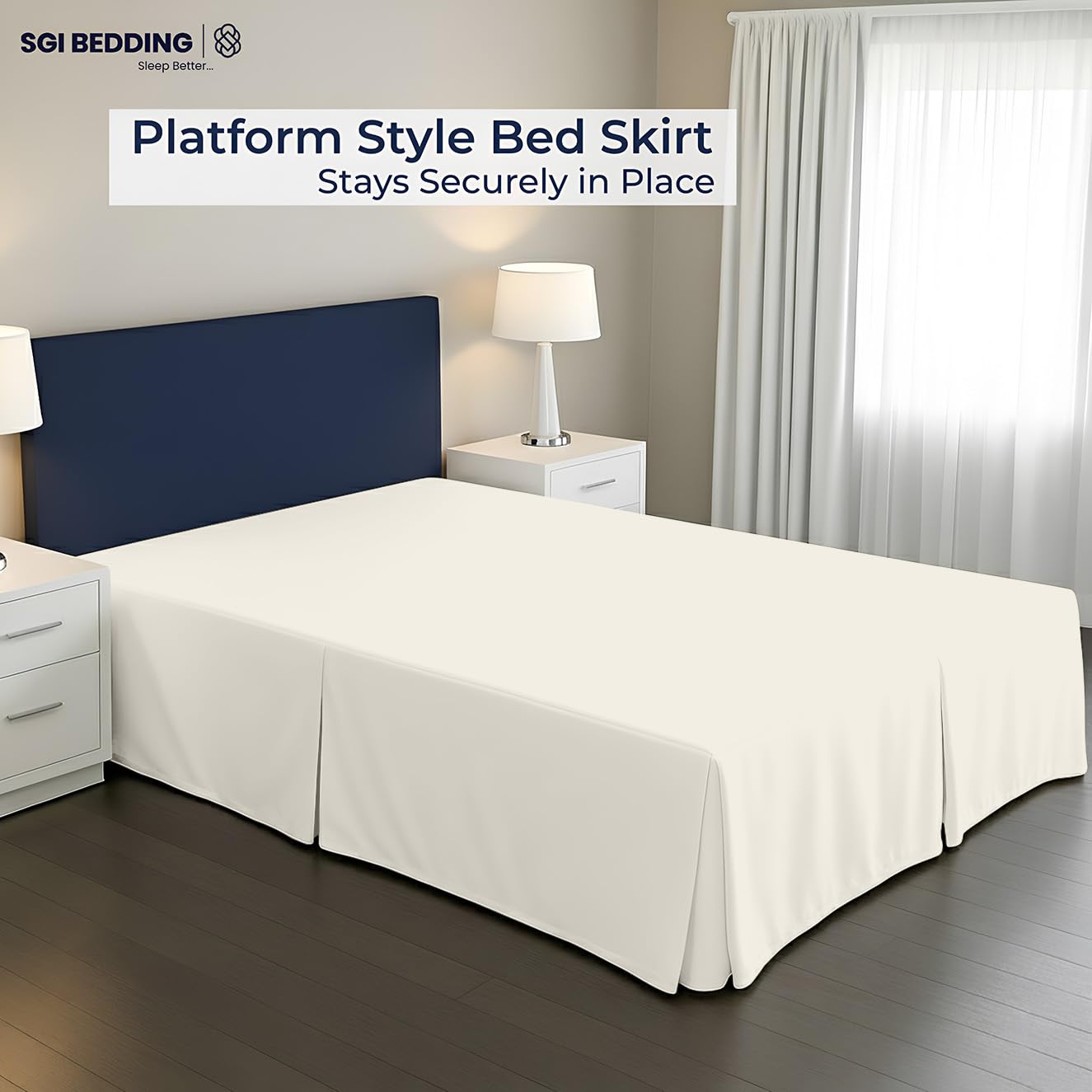 SGI bedding 12 inch Drop Bed Skirt Full Size - Platform Style with Secure Fit, Classic Tailored Look, Elegant Pleated Style Dust Ruffle, Split Corners, Microfiber - Ivory