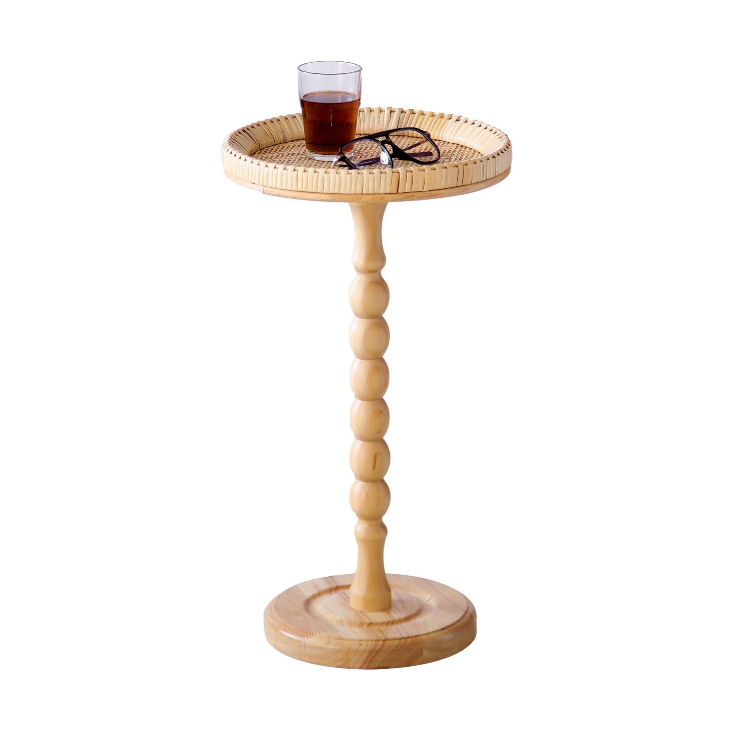 HuiDao Drink Table，Rattan Round Small Side Table for Small Spaces, Boho Circle End Table Coffee Table with Solid Wood Leg for Living Room, Pedestal Table for Bedroom, Corners