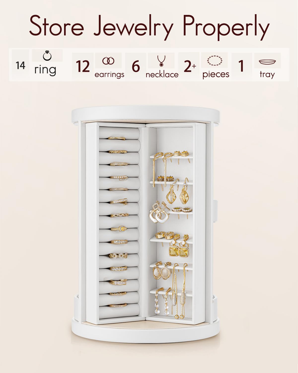 VLANDO 360°Rotating Jewelry Box,Earring Organizer Large Vertical Jewelry Organizer with 6 Necklace Hooks, Open Ring Display Storage for Women -White