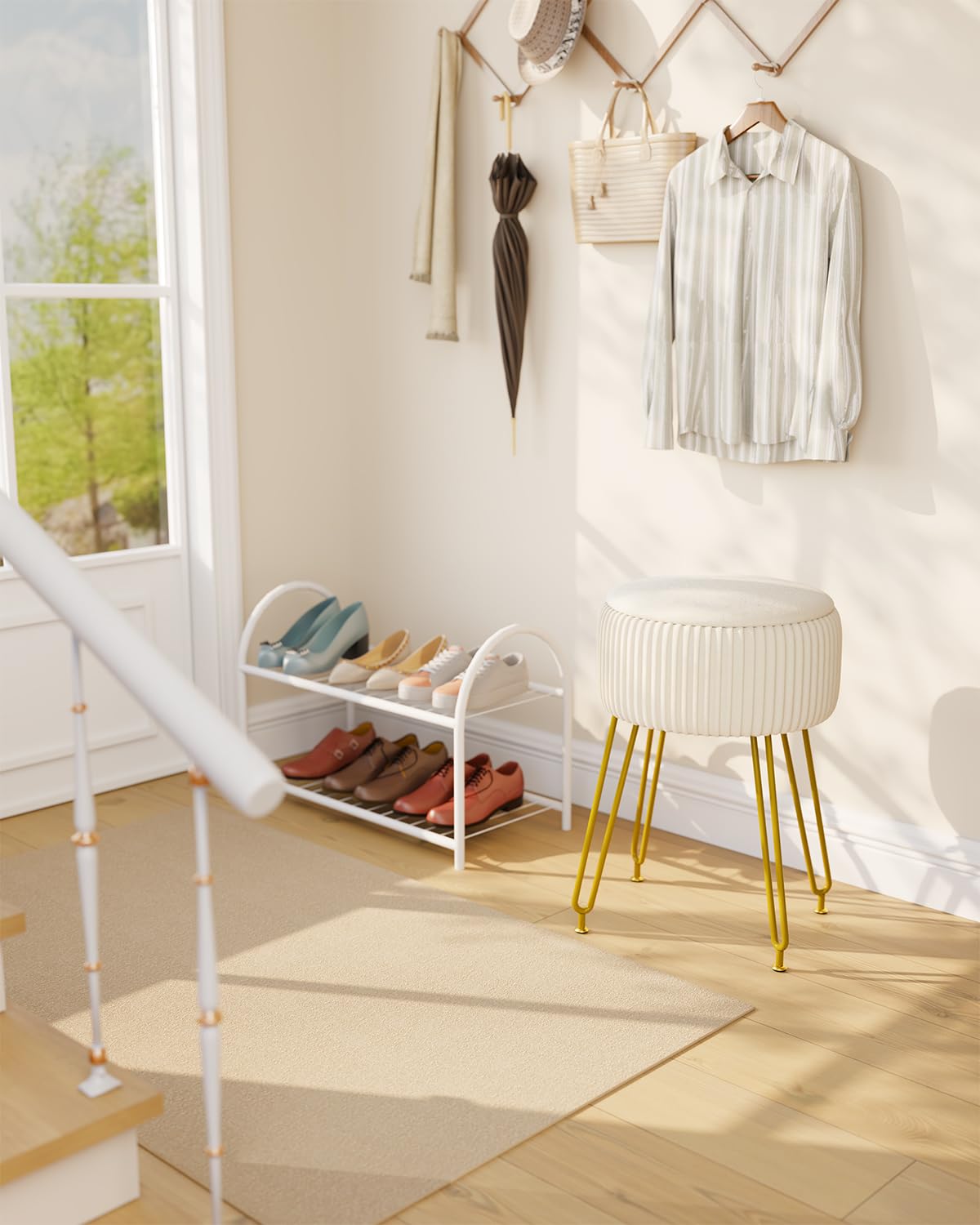 IBUYKE Velvet Storage Footrest Stool Ottoman, Makeup Vanity Stool Side Table with Golden Steel Legs Removable Cover, Coffee Table Top Cover, Creamy-White LG-20M