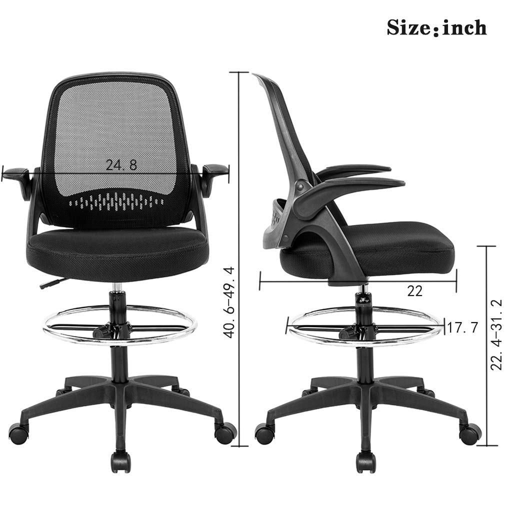 BestOffice Drafting Chair Tall Office Chair Standing Desk Chair Mesh Computer Chair Adjustable Height with Lumbar Support Flip Up Arms Swivel Rolling Executive Chair,Black