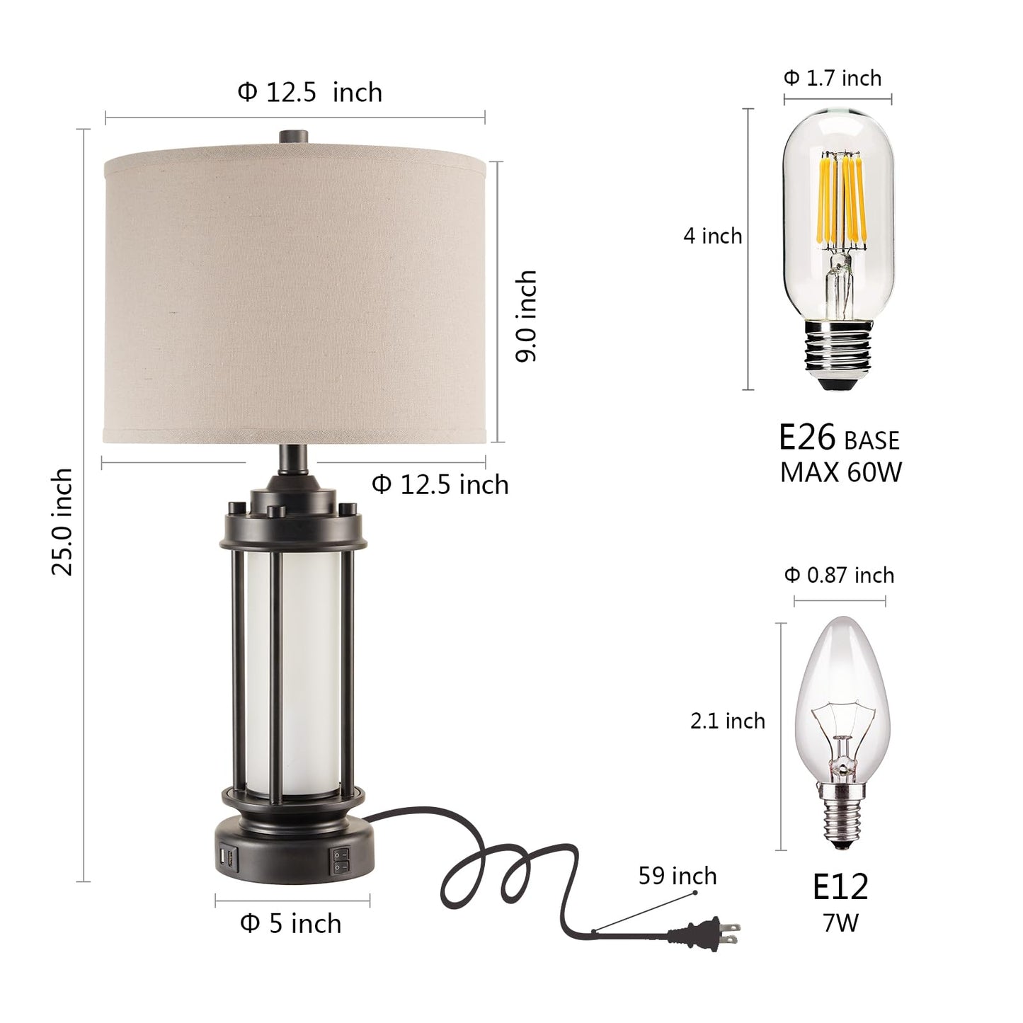 AIEAMPDO 25'' Set of 2 Modern Table Lamps for Bedroom with 2 USB C+A Ports