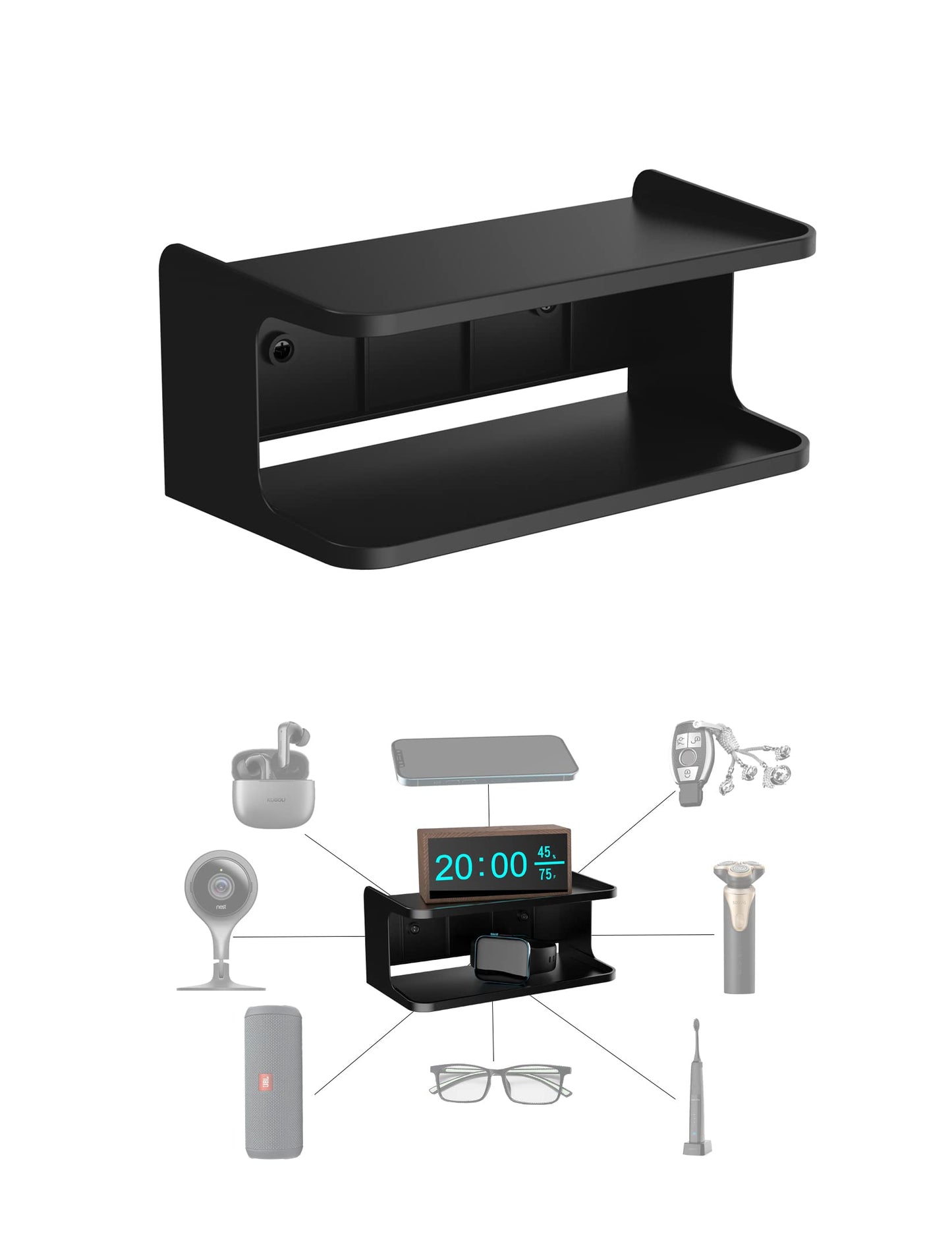 NOTMBESTM Bedside Wall Shelf Organizer Small Bedside Shelf Wall Mount for Bed Universal Stick on Wall Shelf Double Tray Holder for Storing Cellphone, Glasses, Keys, Camera, Alarm Clock (Black)