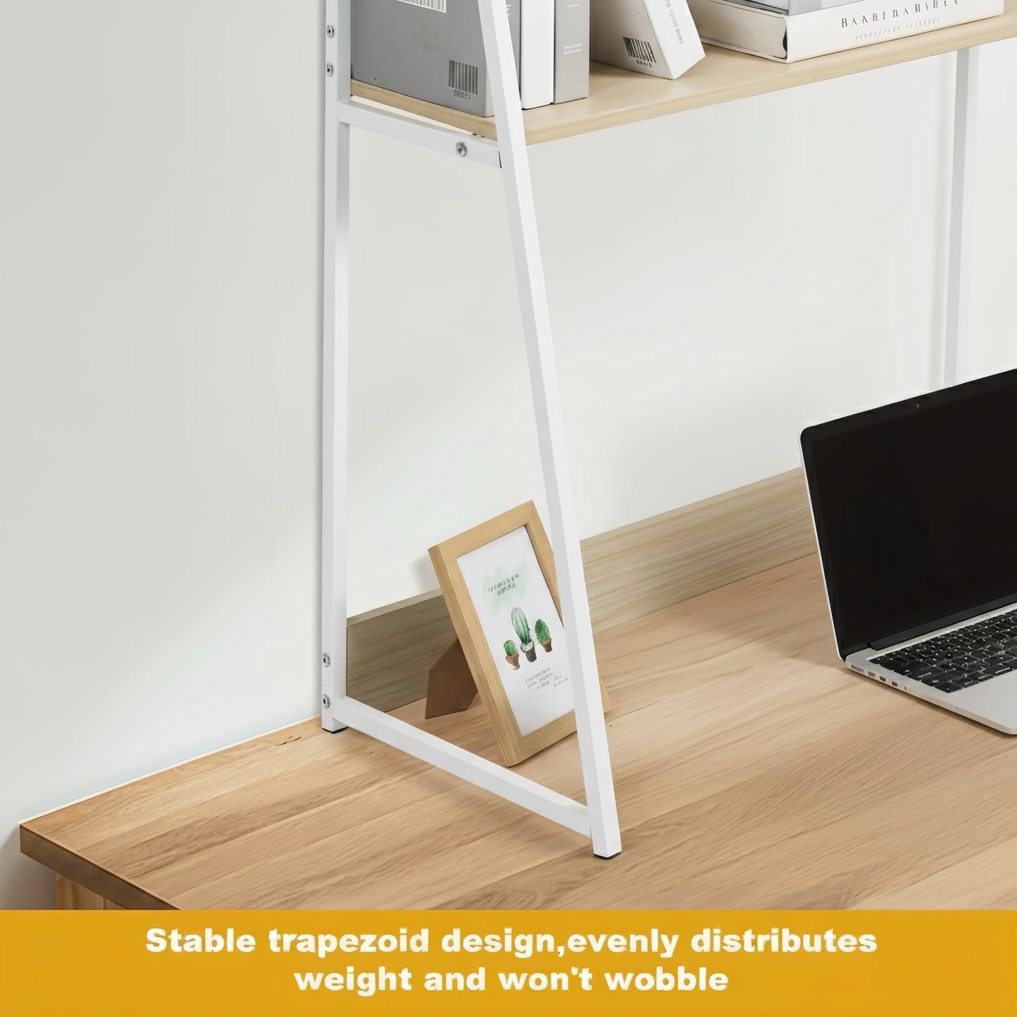 KIOMIMI 2-Tier Desktop Bookshelf & Hutch - Fits Over Large Monitors - Modern Desk Organizer with Metal Frame - Vertical Storage for Small Desks, Home Office, Dorm, Makeup Vanity (Blonde Wood/White)