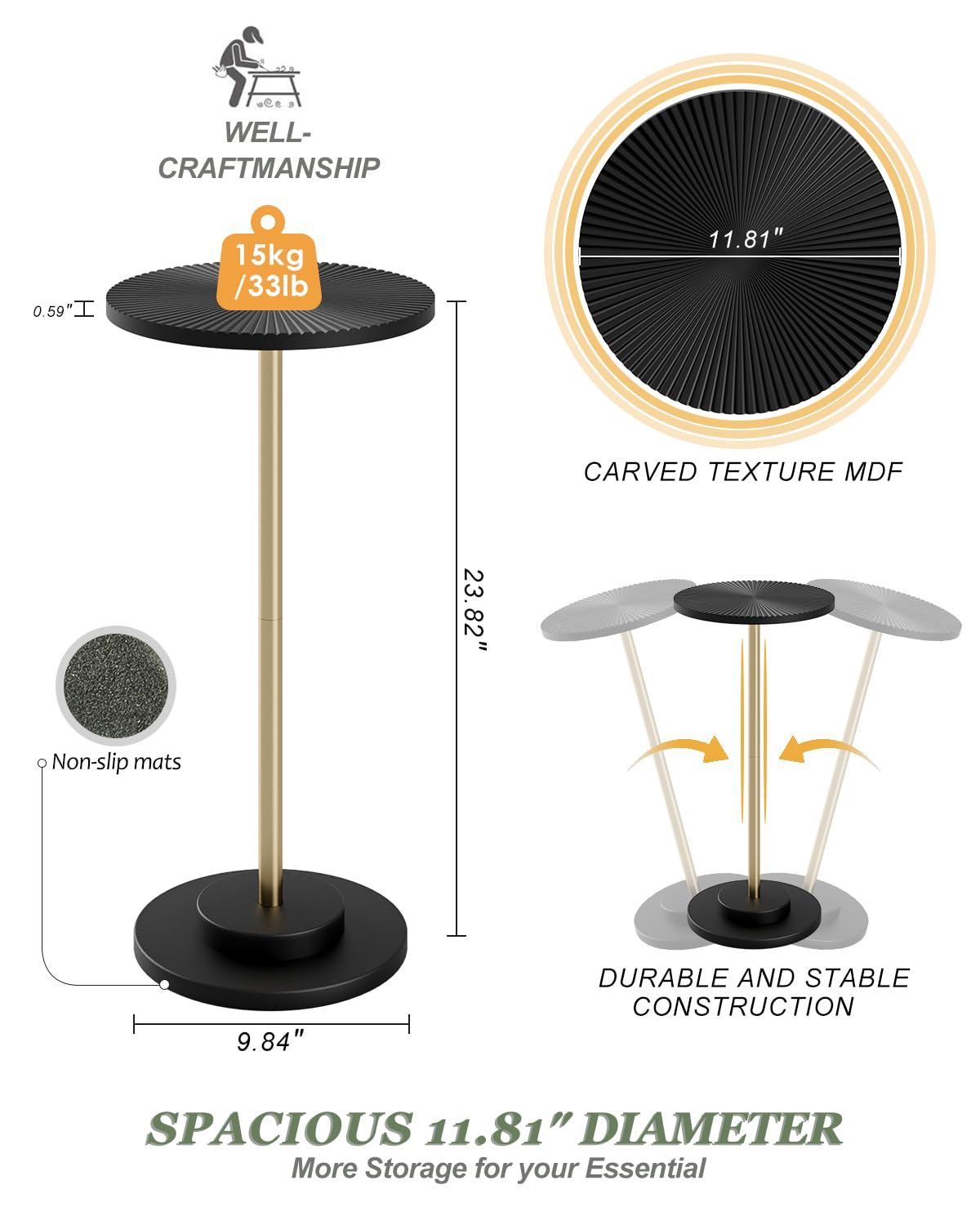 Round Side Table, Small Drink Table for Small Spaces, Modern Accent End Table with Metal Leg for Living Room, Bedroom, Corners, and Office (Black Gold)