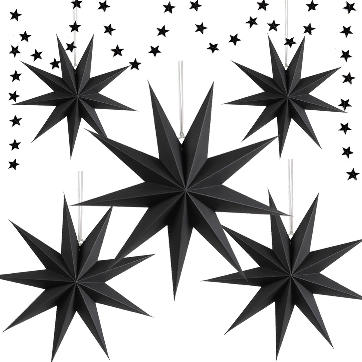 WNSIRVY 5 Pack 9-Pointed Large 3D Paper Star Lanterns with Glitter Star Garland Black Hanging Star Lanterns Lampshade for Halloween Christmas Themed Party Home Wedding Birthday Decorations (Black)