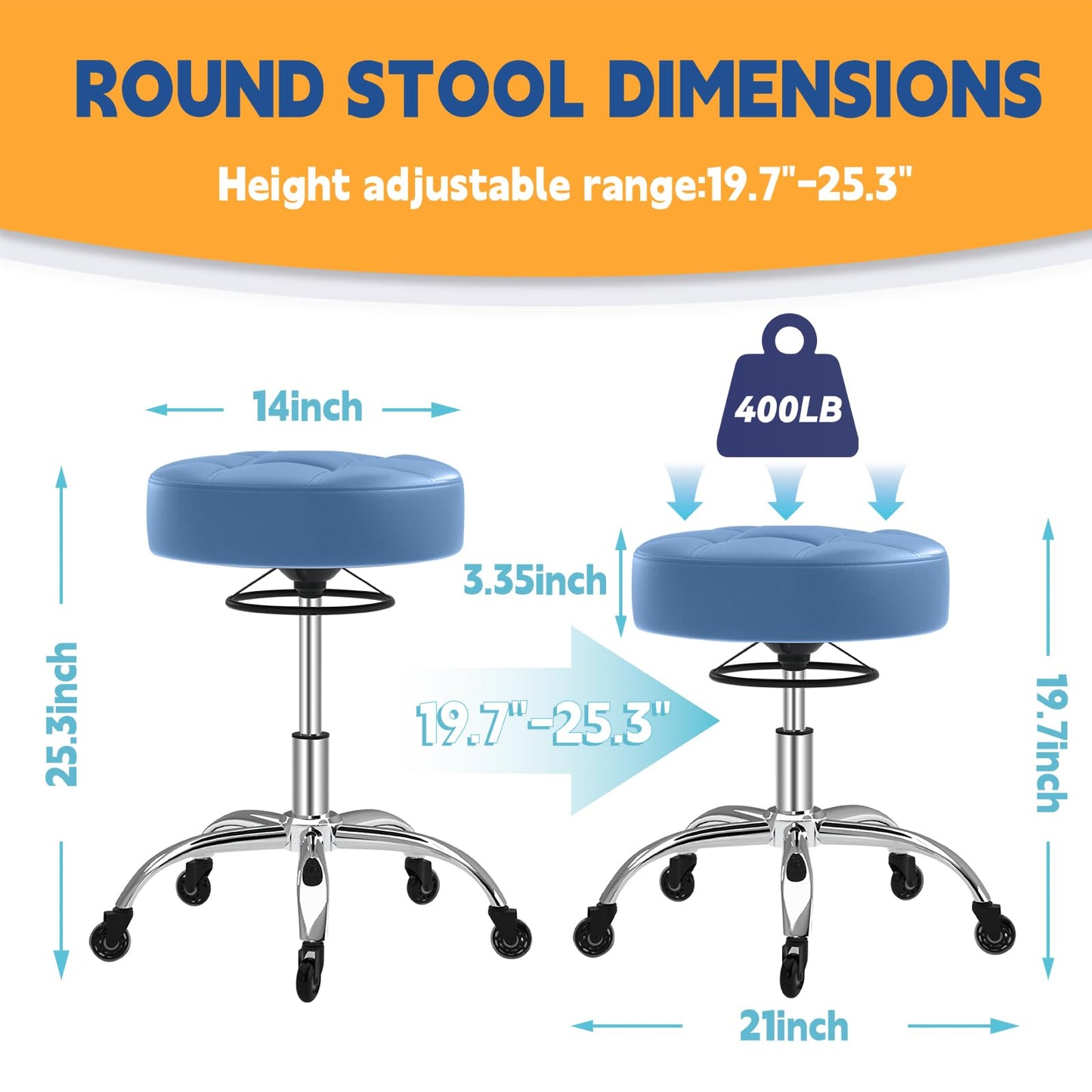 Rolling Stool Heavy Duty 400lb: Super Soft Seat Cushion,360° Swive,Height Adjustability,No Squeaky Noises,No Tip Over,New Upgraded Stool Salon Stool Chair, Tattoo Facial Massage Spa Medical (Blue)