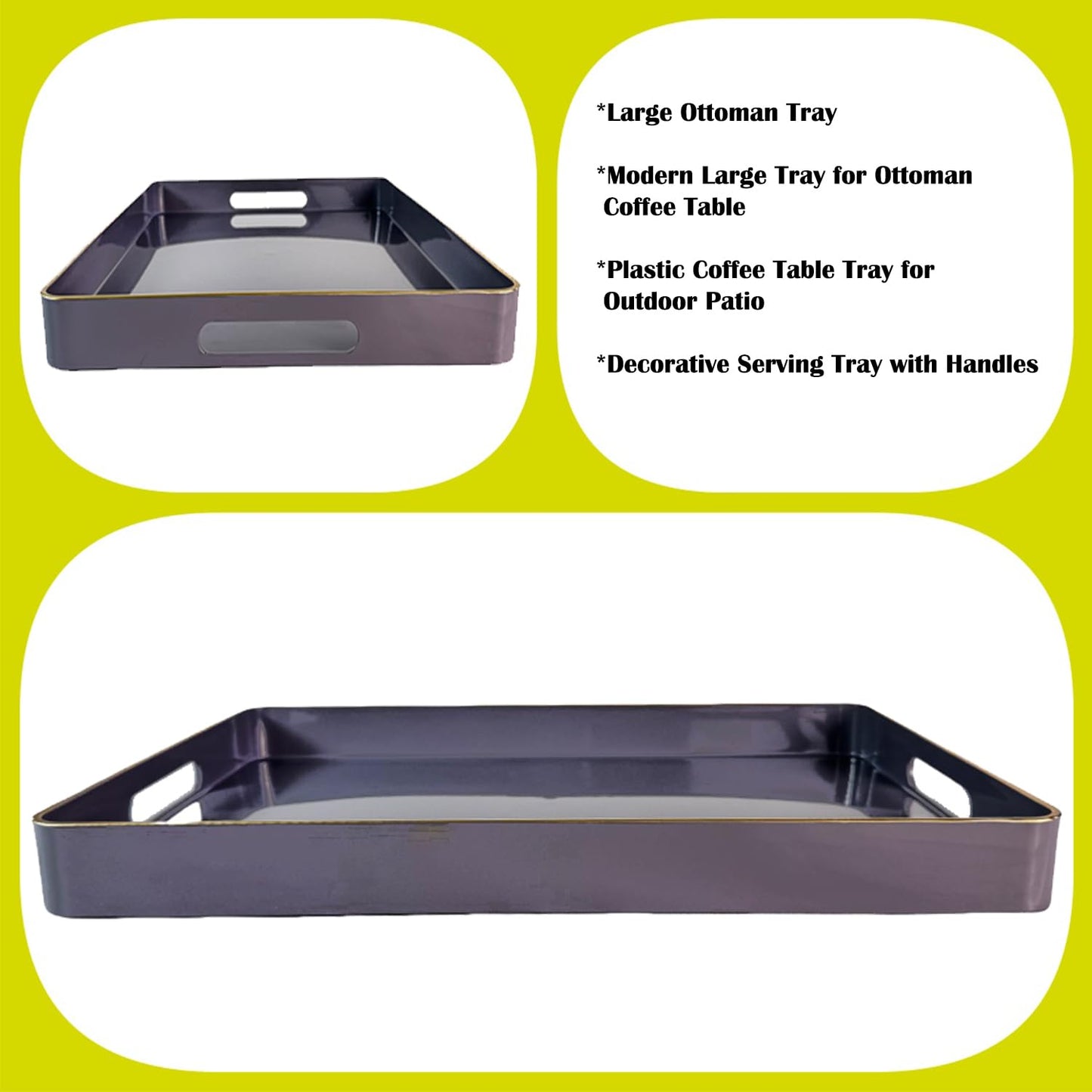 UOEKCS Large Grey Coffee Table Tray, Decorative Serving Tray with Handles, Plastic Rectangular Tray for Ottoman, Bathroom, Living Room. 16.7"*12"*1.6"