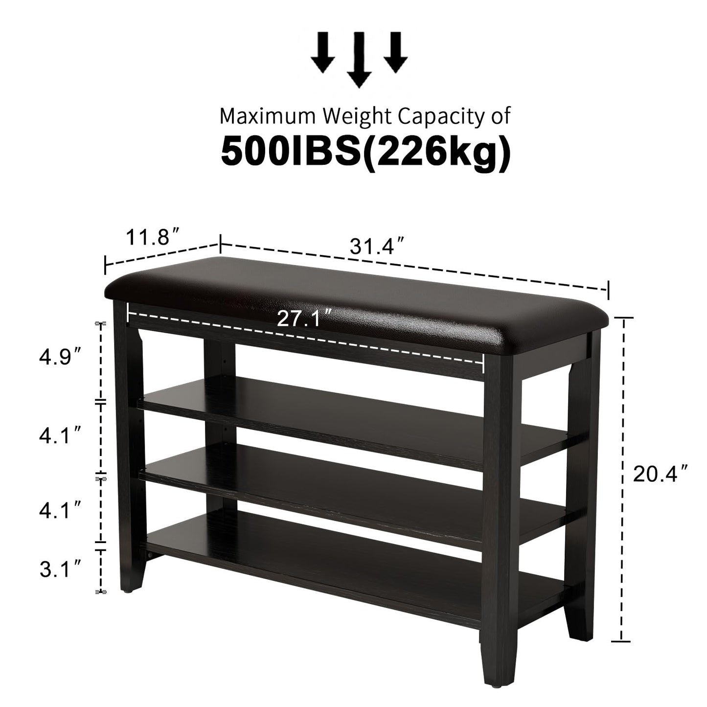 AQIMUELE Shoe Bench with Leather Cushion, 3 Tiers Shoe Storage Bench Height Adjustable, Walnut Wood Entryway Bench for Hallway, Mudroom