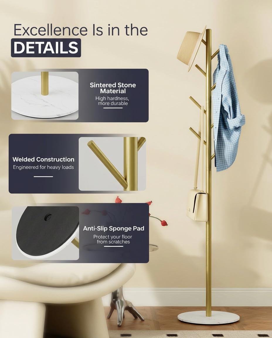 Tujurich Coat Rack with 8 Hooks, 3 Adjustable Heights, Modern Hall Tree, Sturdy Metal Clothes Stand with Sintered Stone Base for Entryway, Office, Bedroom, for Coats, Hats, Handbags and Scarves, Gold
