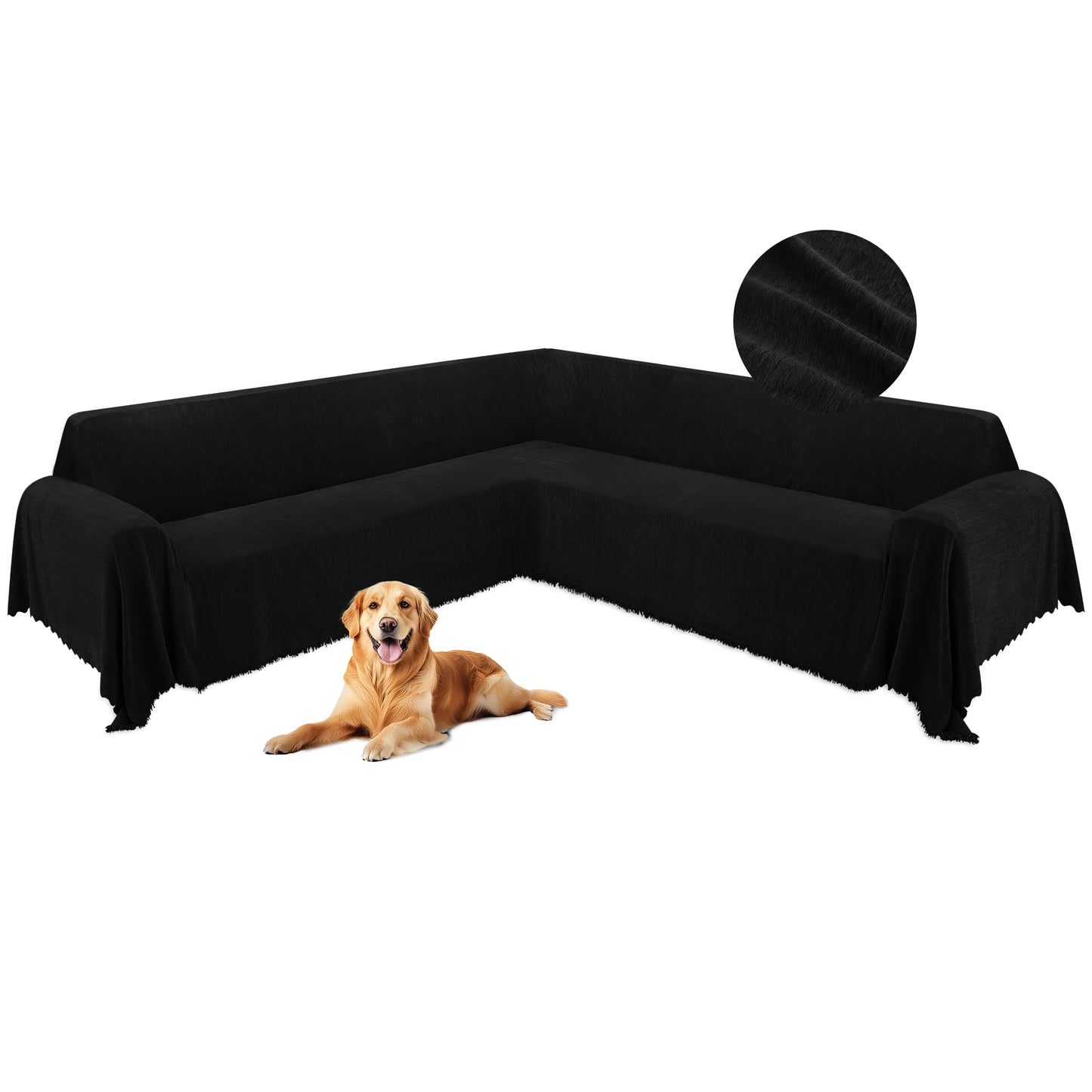 HDCAXKJ Corner Sectional Couch Covers for Dogs L Shape Sofa Cover with Tassel Chenille Super Soft Non Slip U Shaped Couch Cover Blanket Washable Sectional Slipcover Protector (Black, 71x212 inch)