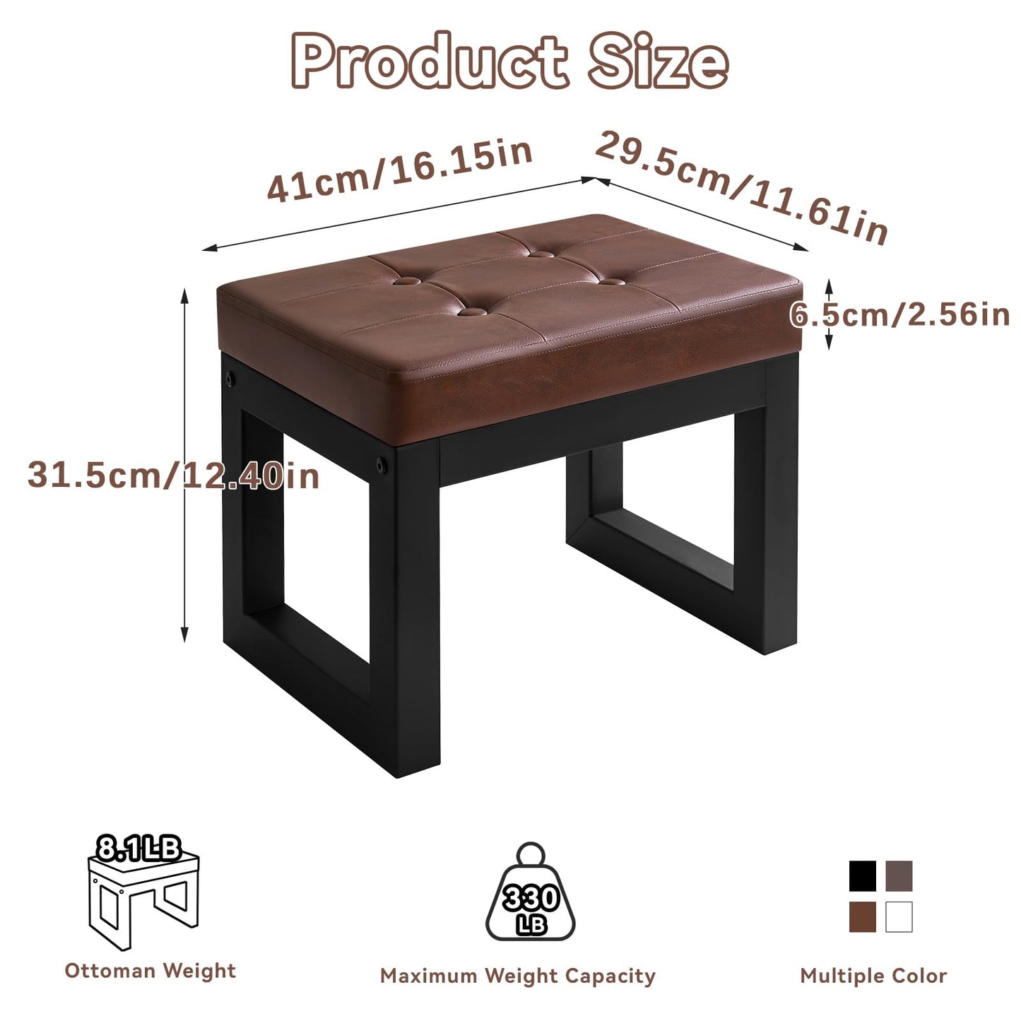 IBUYKE 16 Inch Small Foot Stool Ottoman, Rectangle PU Faux Leather Foot Rest with Padded Seat and Metal Legs, Modern Ottoman Foot Rest for Living Room Bedroom Entryway Couch, Dark Brown WBD026Z