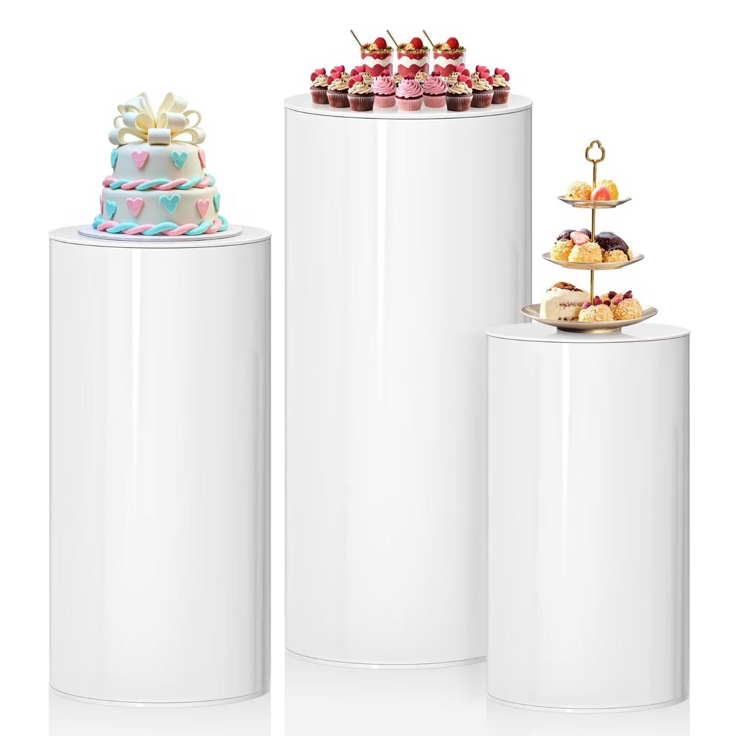 DOOMOOK 3Pcs White Cylinder Pedestal Stands, Thickened PVC Round Pedestal Display Plinth Pillars for Wedding Birthday Babyshower Decoration Art Decor