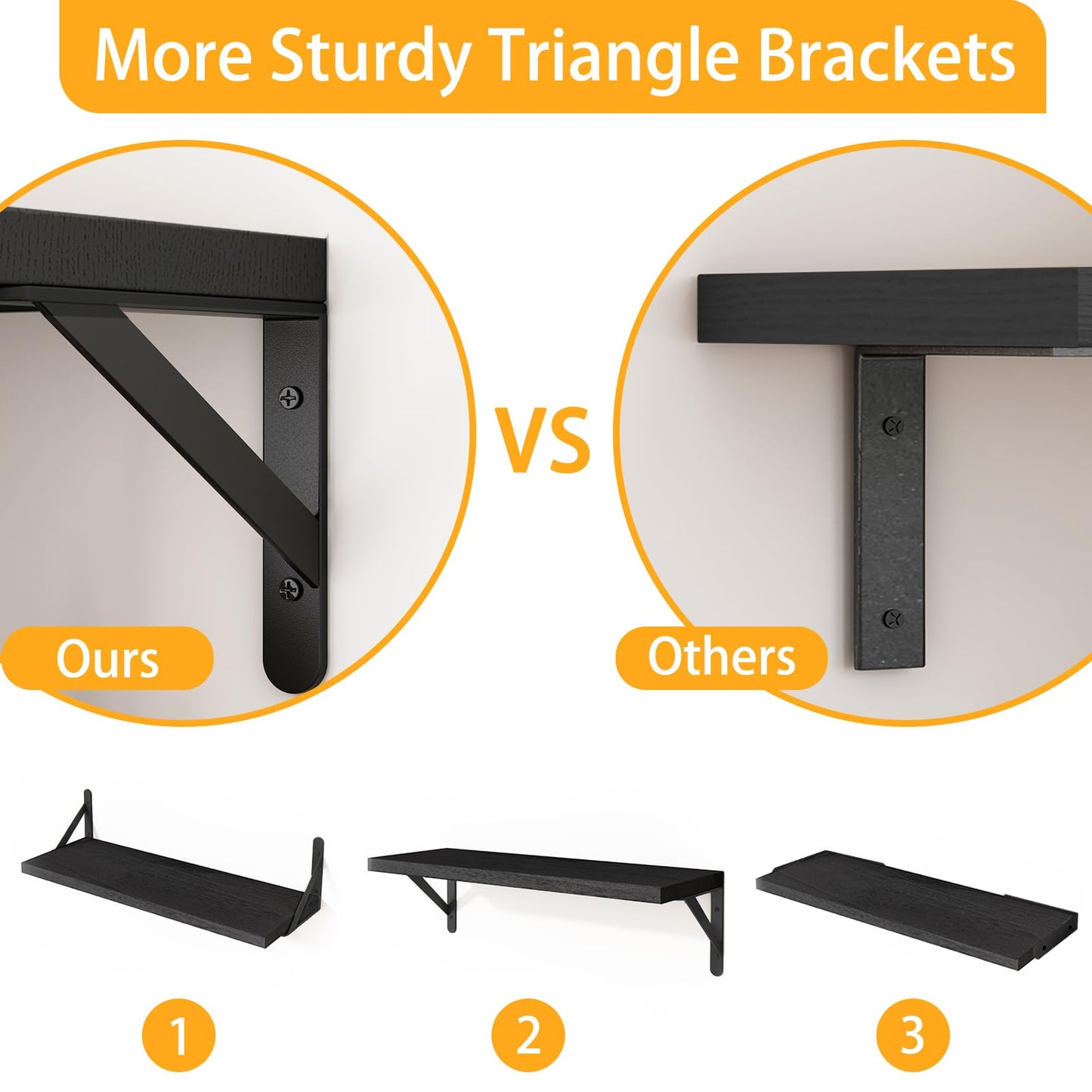 Fixwal Black Shelves for Wall, Wood Wall Mounted Floating Shelves for Bedroom, Bathroom, Living Room, Kitchen Storage and Decor(Black, Set of 3, 16.5 Inch)