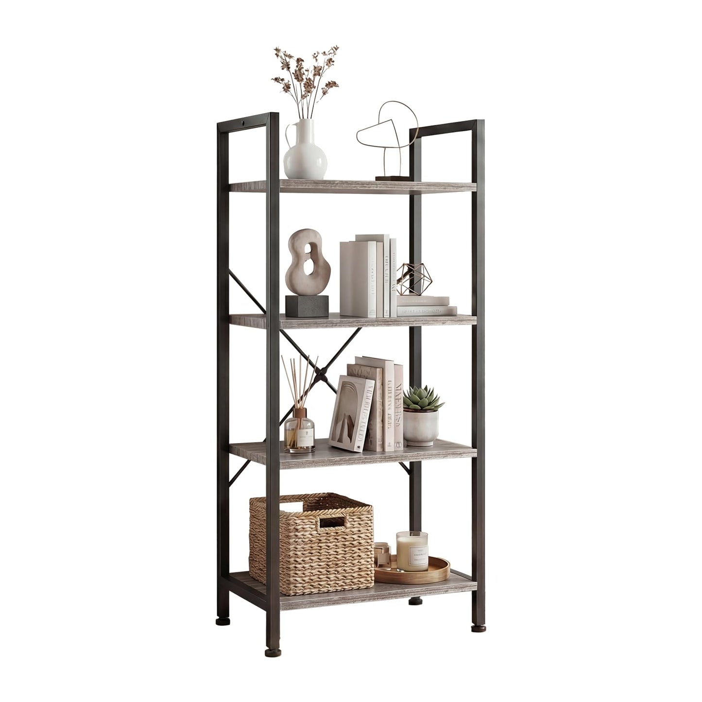 DUMOS 4 Tiers Open Bookshelf, Classic Freestanding Tall Display Shelf, Multifunctional Storage Organizer Rack for Living Room Home Office, Sturdy Bookcase for Books/Movies, Wood Grey