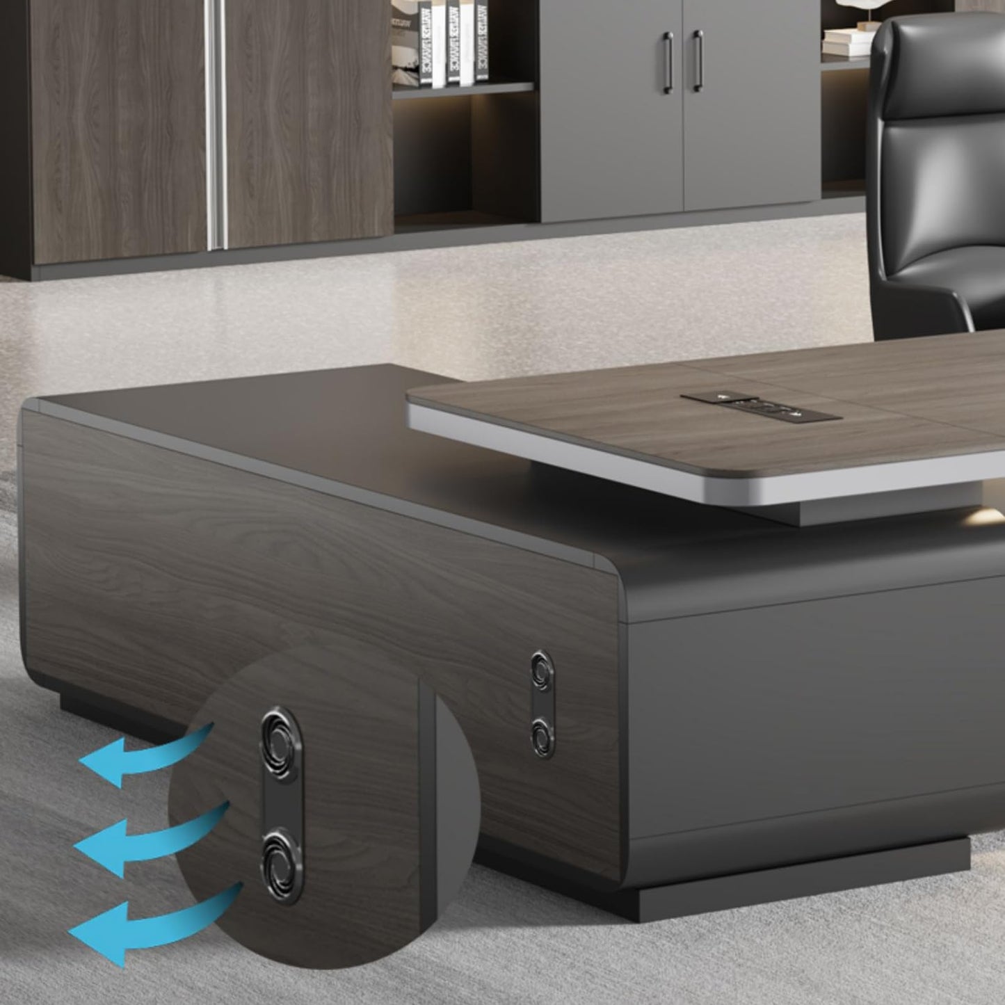 LSIGHTUS Grey L-Shaped Executive Office Desk, Modern Business Computer Desk with Lateral Cabinet Business Furniture Set Study Writing Table for CEO Boss